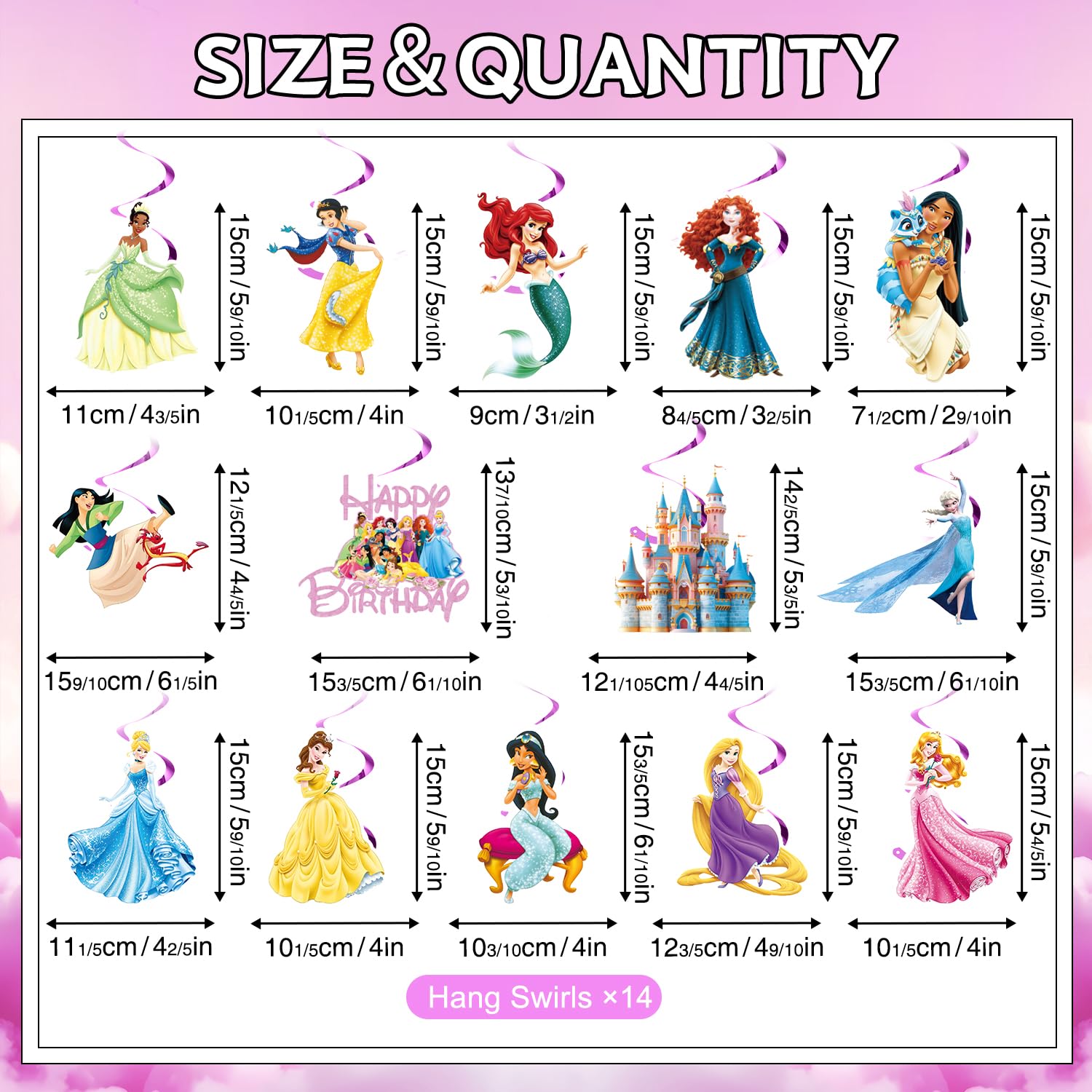 Princess Birthday Party Decorations Include 1pc Glitter Happy Birthday Banner,1pc Princess Banner and 14pcs Cute Hanging Swirls for Girls, Pre-Assembled Party Decorations