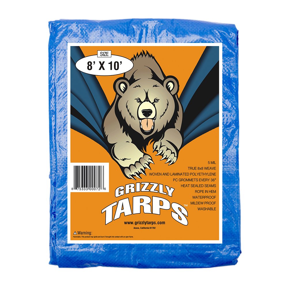 Grizzly Tarps by B-Air 16' x 20' Large Multi-Purpose Waterproof Heavy Duty Poly Tarp with Grommets Every 36", 8x8 Weave, 5 Mil Thick, for Home, Boats, Cars, Camping, Protective Cover, Blue