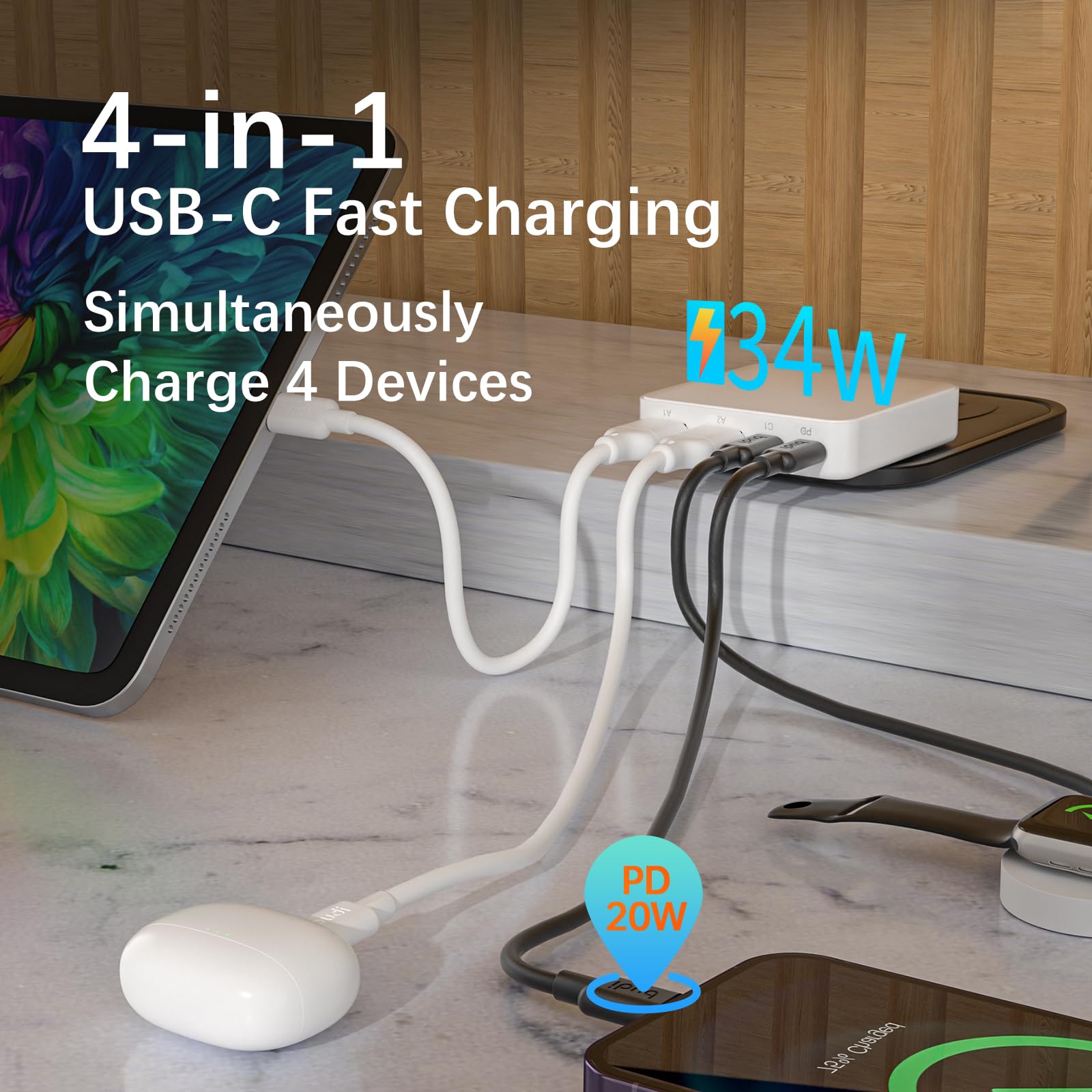BUDI Flat USB C Wall Charger, 34W 4-Port Slim USB Wall Charger, Fast Charging Block with 20W Port Power Delivery and Dual Type-C for iPhone 16/15/14/13/12/11/Pro Max/XS/XR/8/7,Tablets