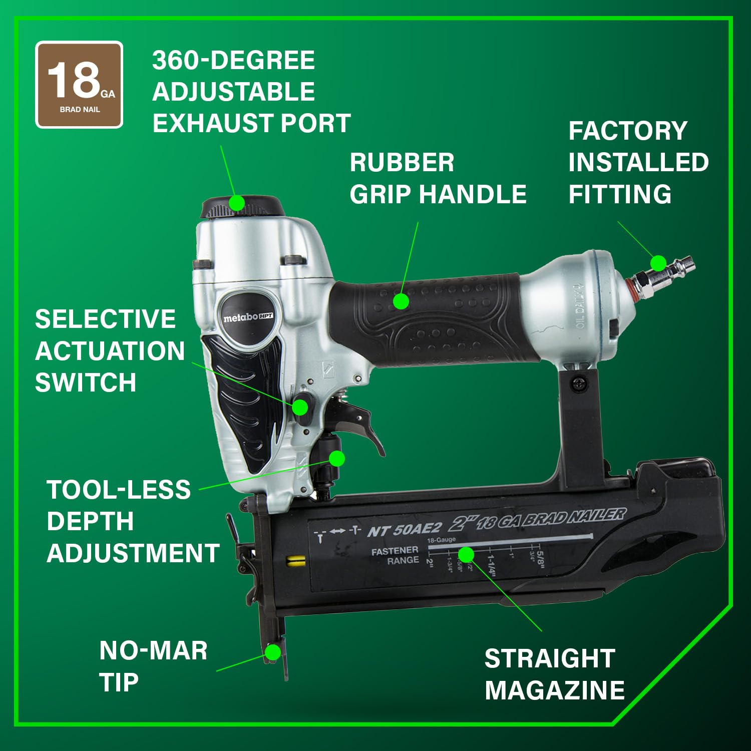 Metabo HPT Brad Nailer, Pro-Preferred Lightweight Pneumatic Power Nailer for Precision Trim Work and Furniture Building, Adjustable Depth, 18 Gauge, 5/8" up to 2" Brad Nails, NT50AE2