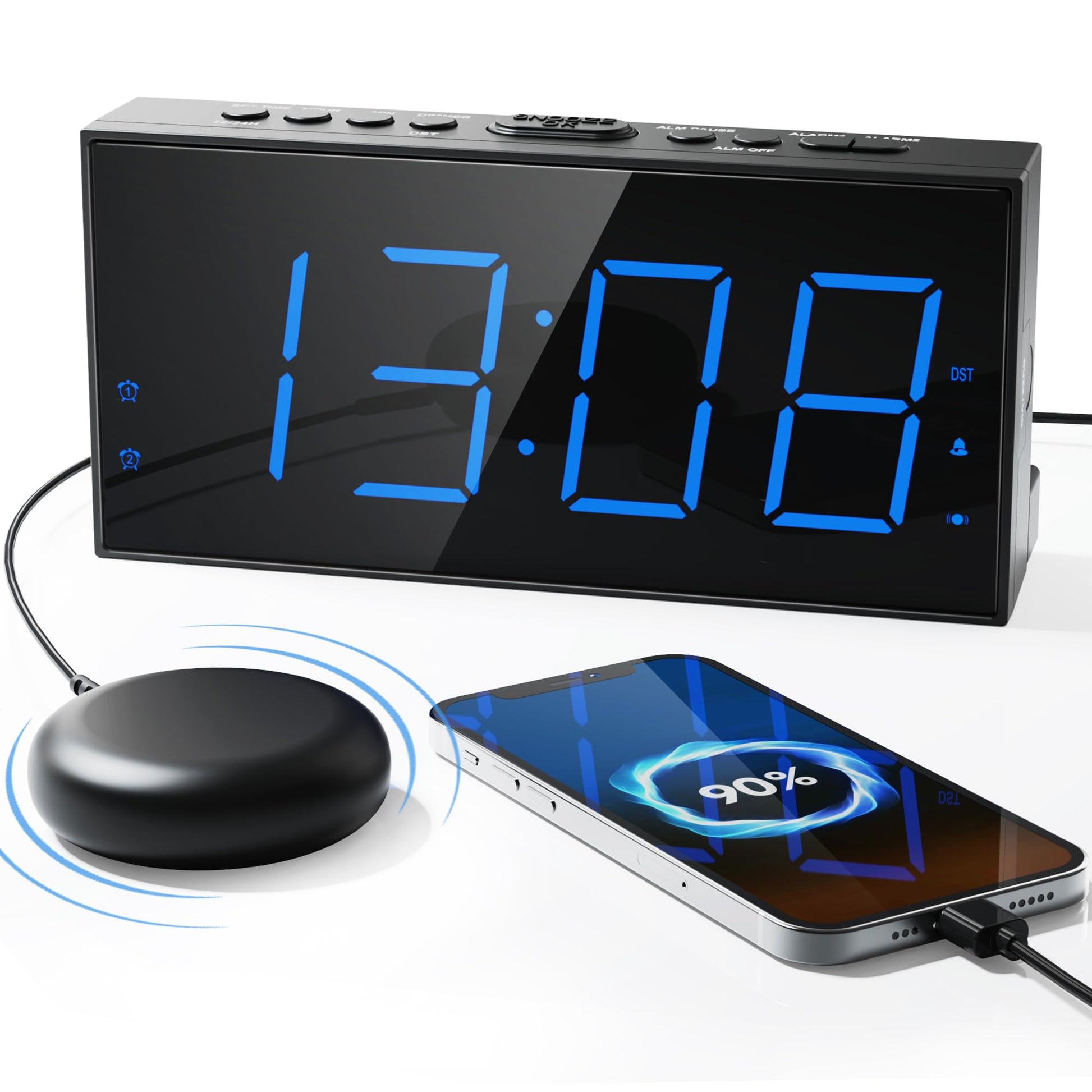 Roxicosly Loud Alarm Clock with Bed Shaker, Vibrating Alarm Clock for Heavy Sleepers/Hard of Hearing/Deaf/Teens, Dual Alarms with 7.5’’ Large LED Display, USB Charger, Dimmer, Snooze & Battery Backup