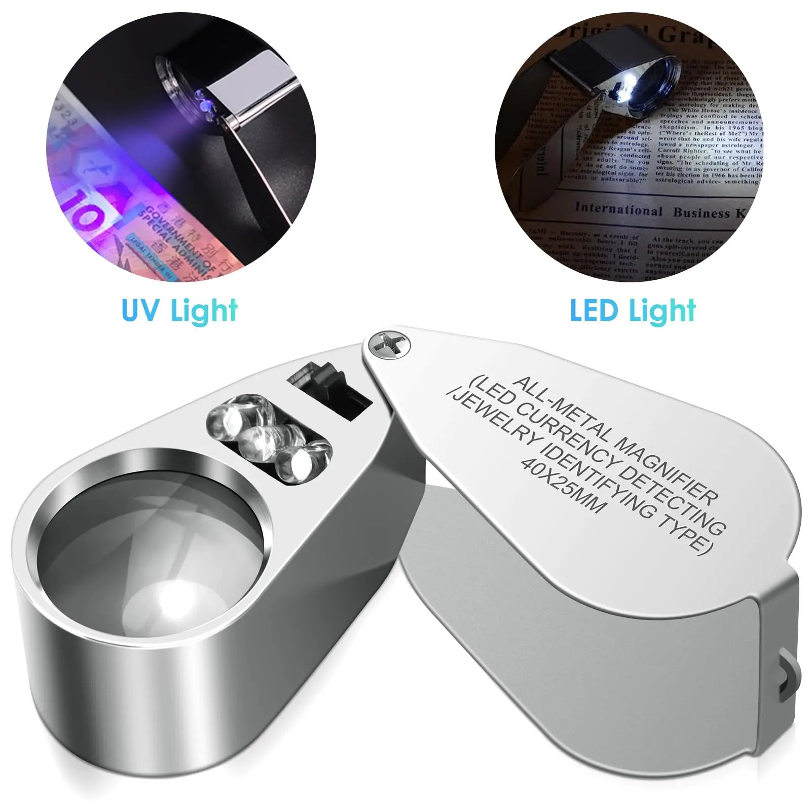 Leffis 40X Jewelers Loupe Magnifier Magnifying Glasses, LED/UV Illuminated Jewelry Loop Pocket Folding Magnifying Glass with Metal Construction for Close Work, Gardening, Kids, Stamp, Rock Collecting