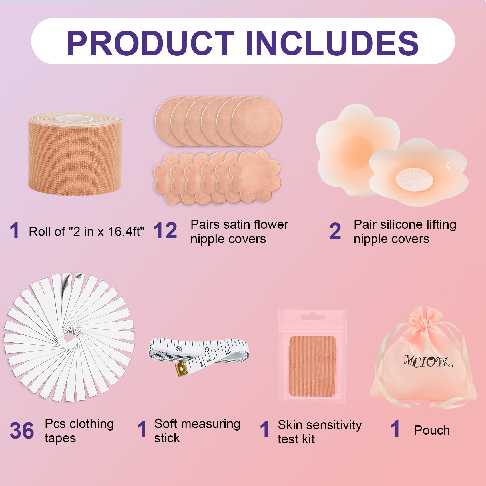 Mciotk Boob Tape Kit - Boobytape for Breast Lift w 1 Body Tape, 2 Pcs Silicone Breast Petals,12 Pcs Satin Nipple Stickers, 36 Pcs Double Sided Tape, BoobTape for Large Breasts A-G Cup Beige