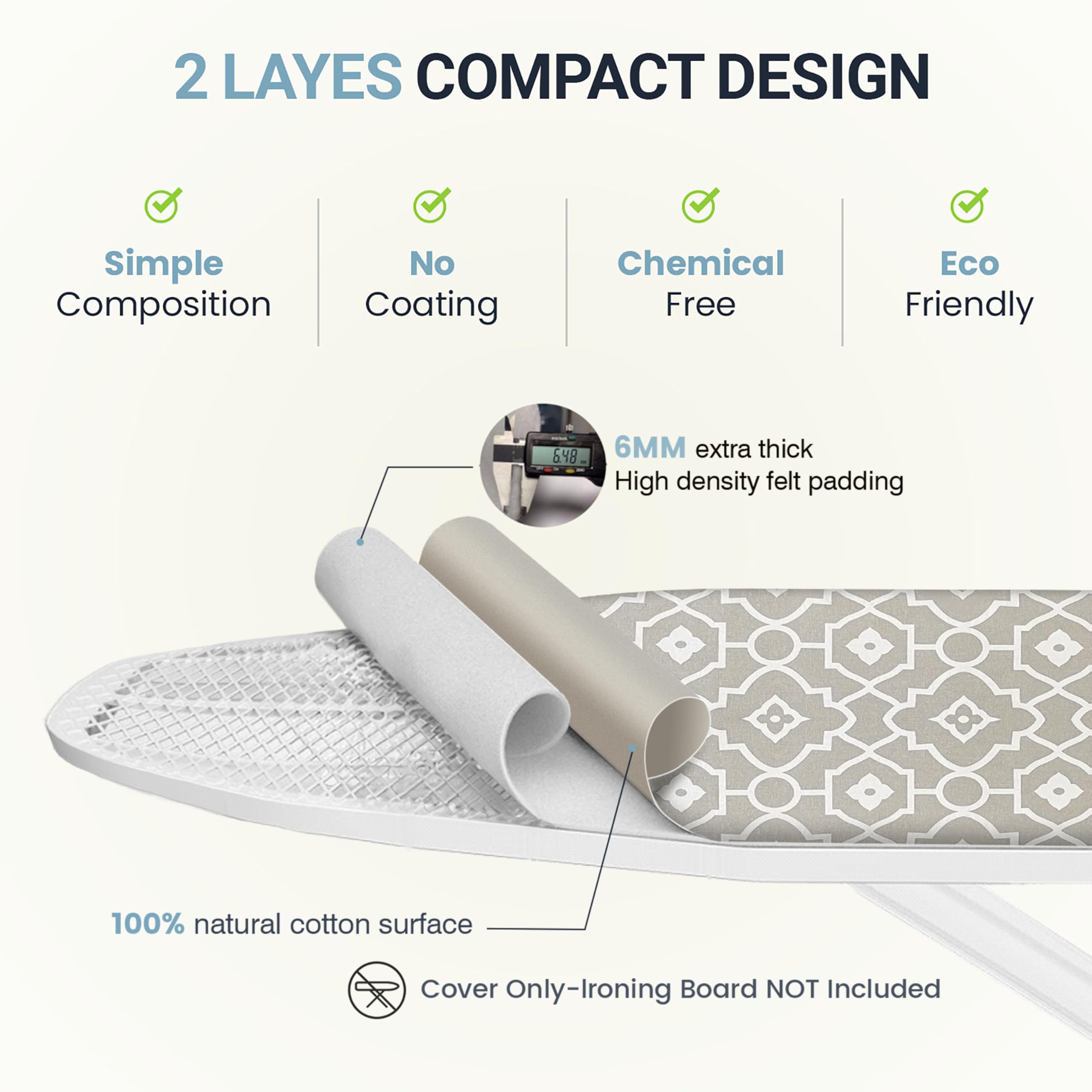 UniSimp Ironing Board Cover and Pad 15X54“ - Extra Thick Natural Cotton, Scorch & Stain-Resistant Padding, Standard Size Iron Board Cover with Metal Fasteners Heavy Duty Elastic Edge, Heatproof
