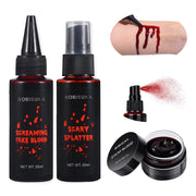 BOBISUKA 3PCS Halloween Fake Blood Makeup Kit - Coagulated 1.41oz + Spray 1.76oz + Dripping 1.76oz, Realistic Washable SFX Makeup for Zombie Monster Mouth Clothes Dress Up