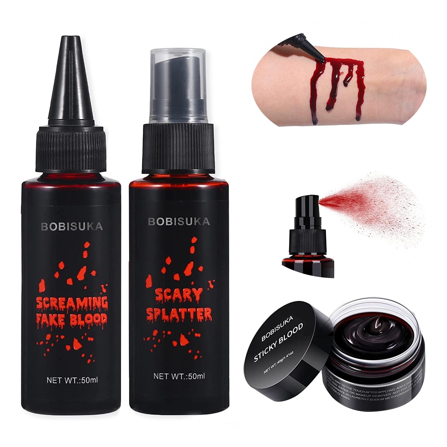 BOBISUKA 3PCS Halloween Kunstblut Make-up Set - Geronnen 40g + Spray 50ml + Tropfend 50ml, Realistisches Abwaschbares SFX Make-up für Zombie Monster Mund Kleidung Verkleidung