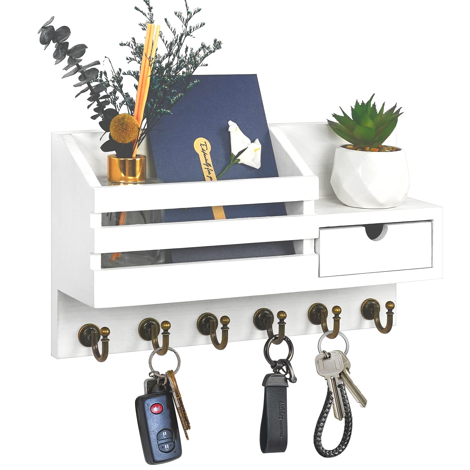 FifthQuarter Key and Mail Holder for Wall, Mail Organizer Wall Mount with 6 Hooks and Storage Drawer, Easy Installation Key Rack for Entryway and Home Decor (A-White)