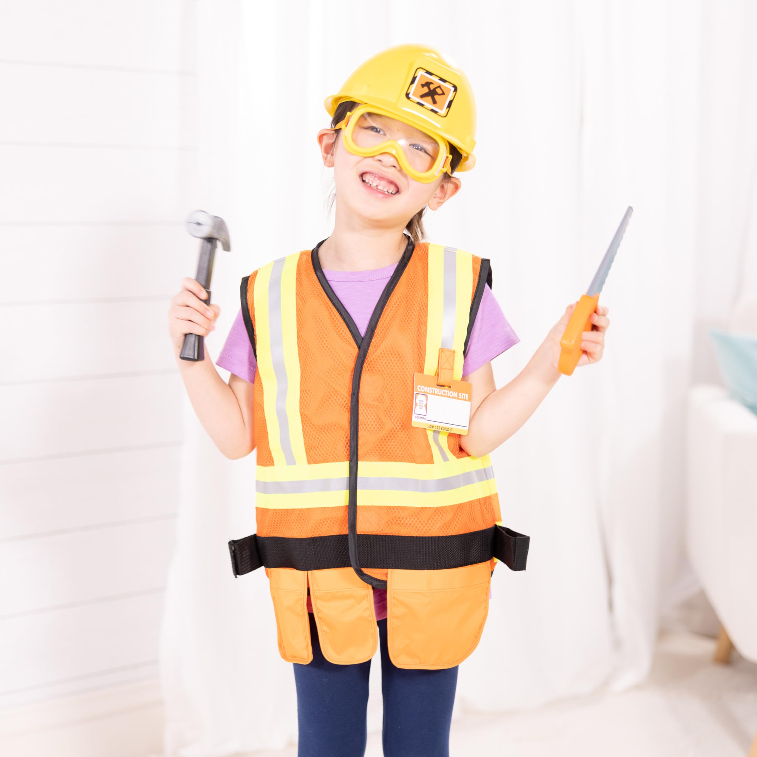 Melissa & Doug Construction Worker Costume Dress-Up Set for Kids (6-Piece) – Pretend Play Outfit with Tools & Safety Vest – Role Play Toys for Boys & Girls Ages 3+