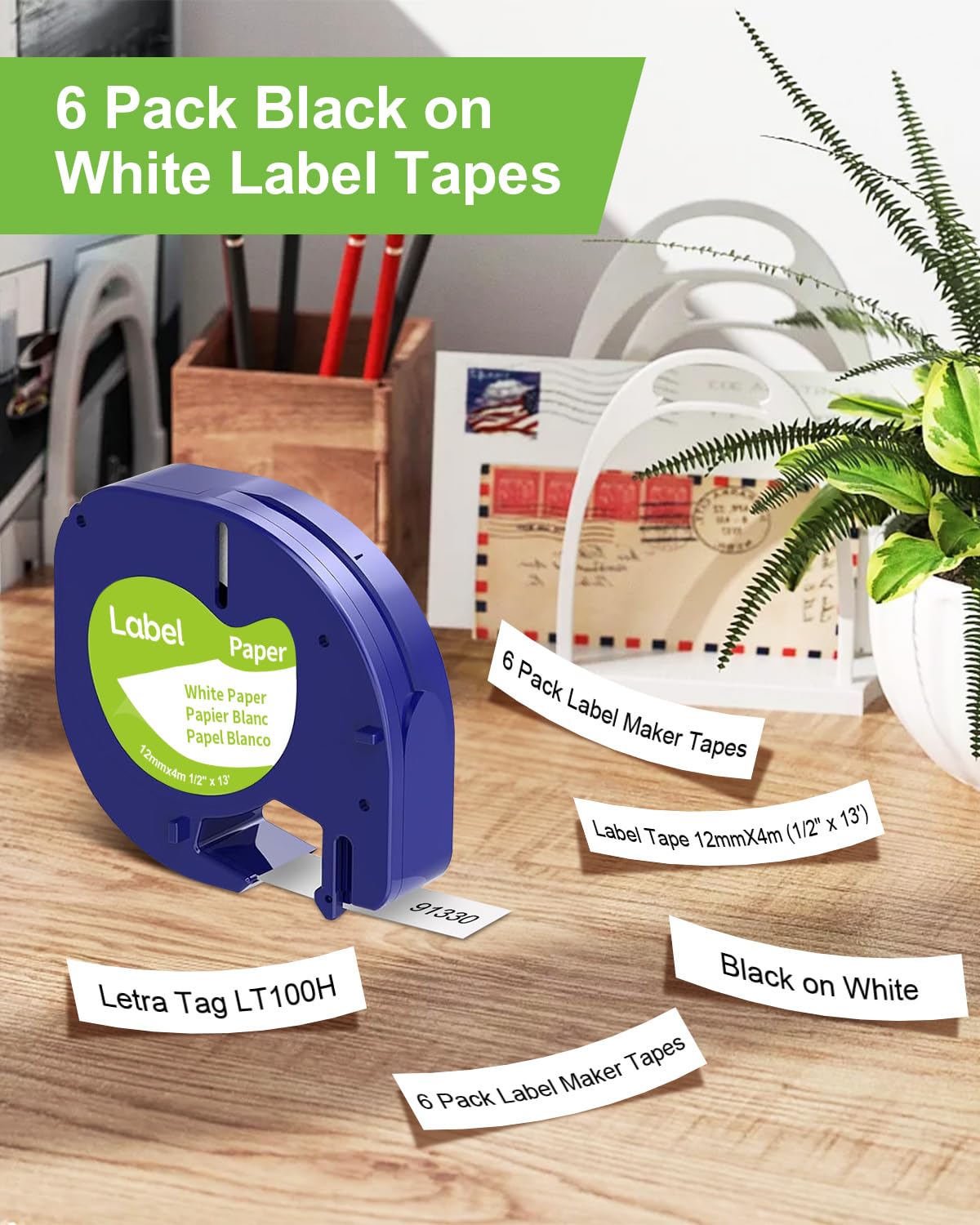 6-Pack Paper White Tape Replace for DYMO Label Maker Refills 91330, Compatible with Dymo Letratag Refills 1/2 x 13 Paper Label for Dymo LetraTag LT-100T LT-100H