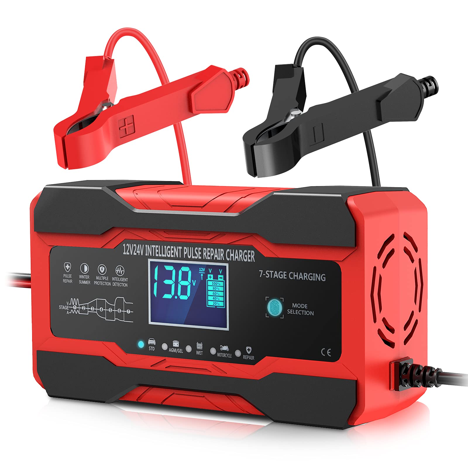 YONHAN Batterieladegerät 10 A 12 V und 24 V vollautomatisches Smart-Autobatterieladegerät, Batterieladeerhaltungsgerät und Batterieentsulfatierer mit Temperaturkompensation