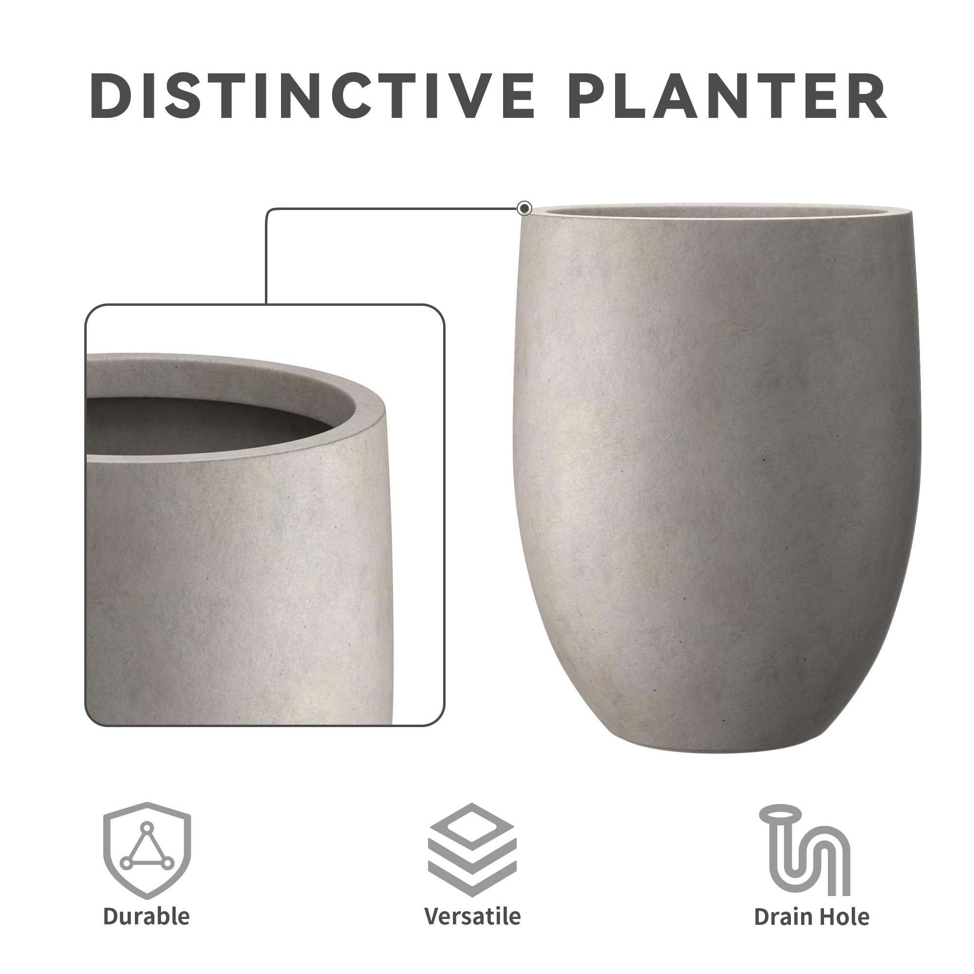 Kante 21.7" H Weathered Concrete Tall Planter, Large Outdoor Indoor Decorative Pot with Drainage Hole and Rubber Plug, Modern Round Style for Home and Garden