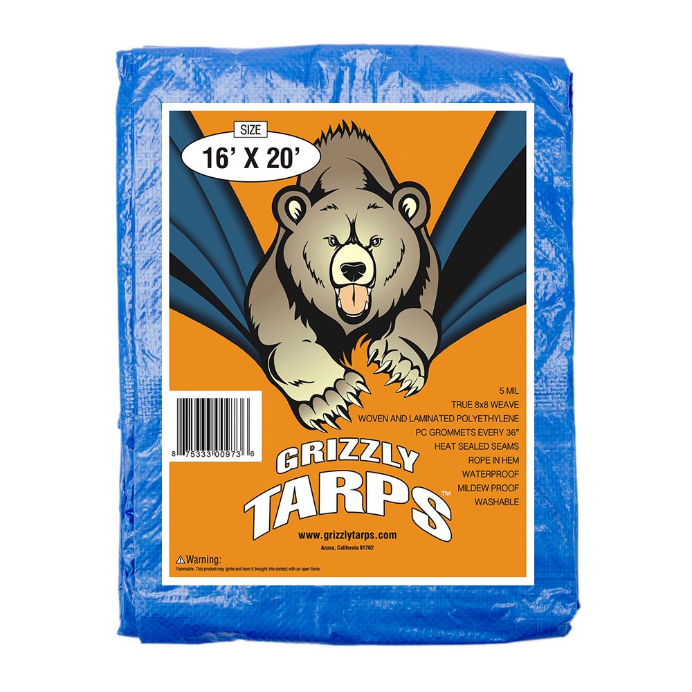 Grizzly Tarps by B-Air 16' x 20' Large Multi-Purpose Waterproof Heavy Duty Poly Tarp with Grommets Every 36", 8x8 Weave, 5 Mil Thick, for Home, Boats, Cars, Camping, Protective Cover, Blue