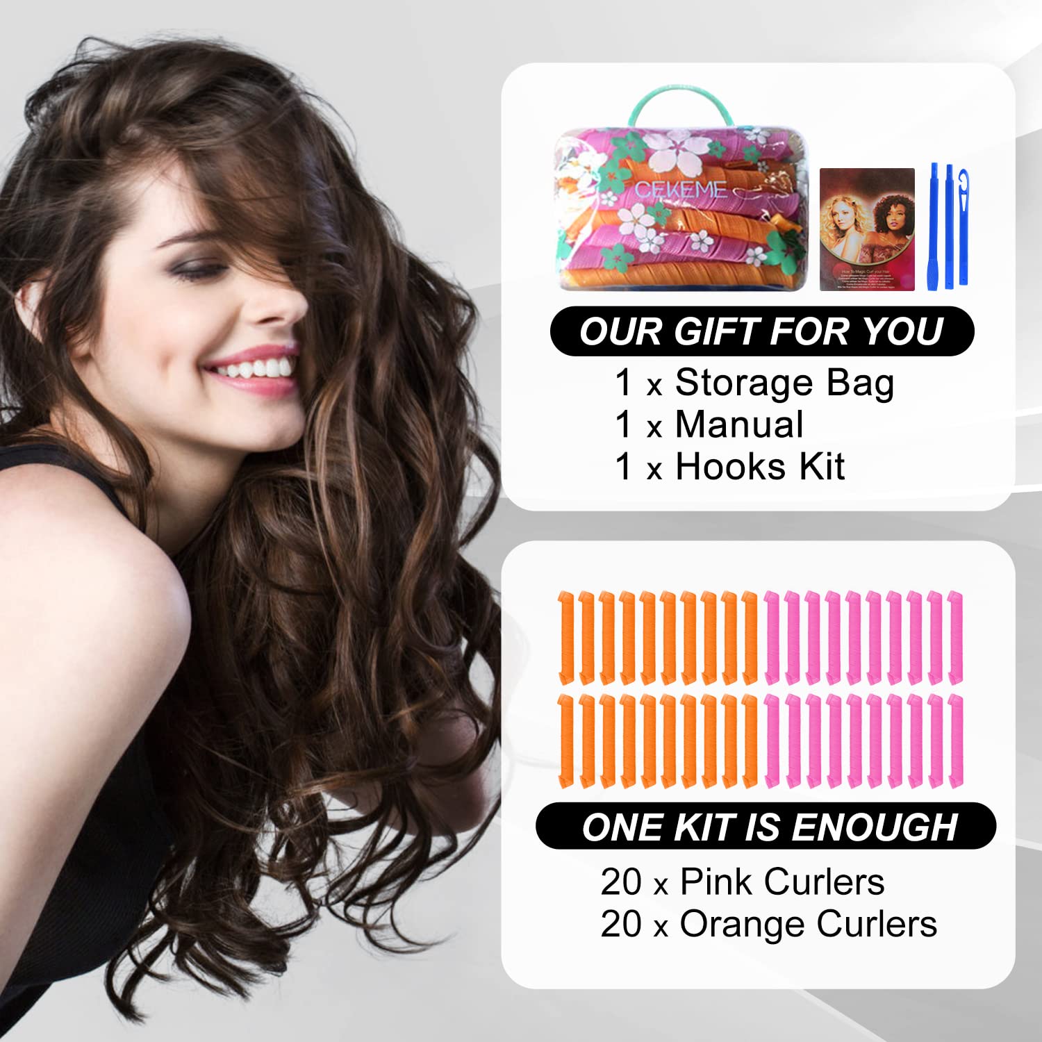 40pcs Heatless Spiral Hair Curlers for Long Hair - Heatless Curls Overnight 22inch Magic Magic Hair Rollers No Heat Curlers with 6pcs Styling Hook