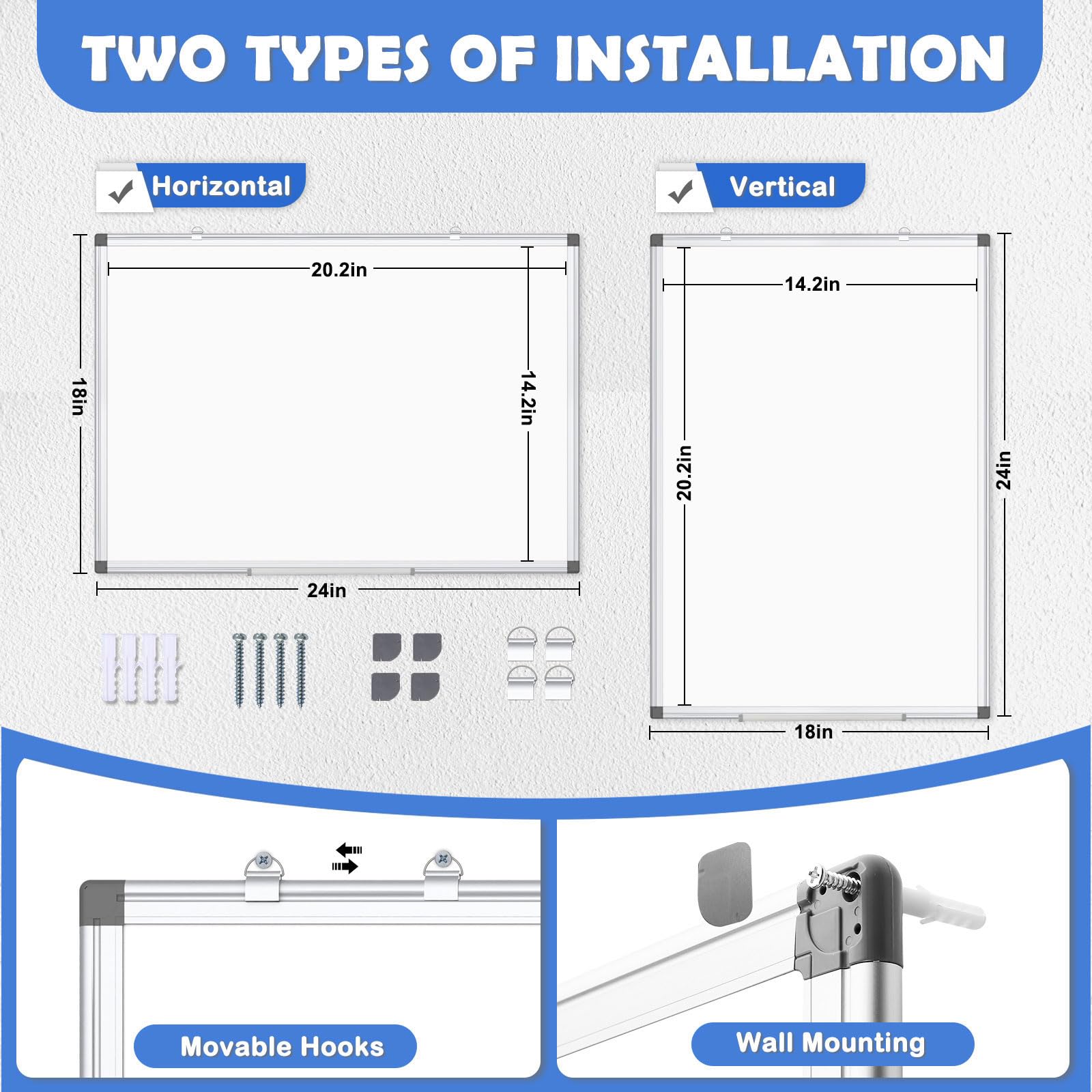 WALGLASS Double-Sided White Board, 24" x 18" Dry Erase Board Magnetic Whiteboard for Wall, Hanging Mounted Whiteboard Silver Aluminium Frame for Home, School, Office, Kitchen