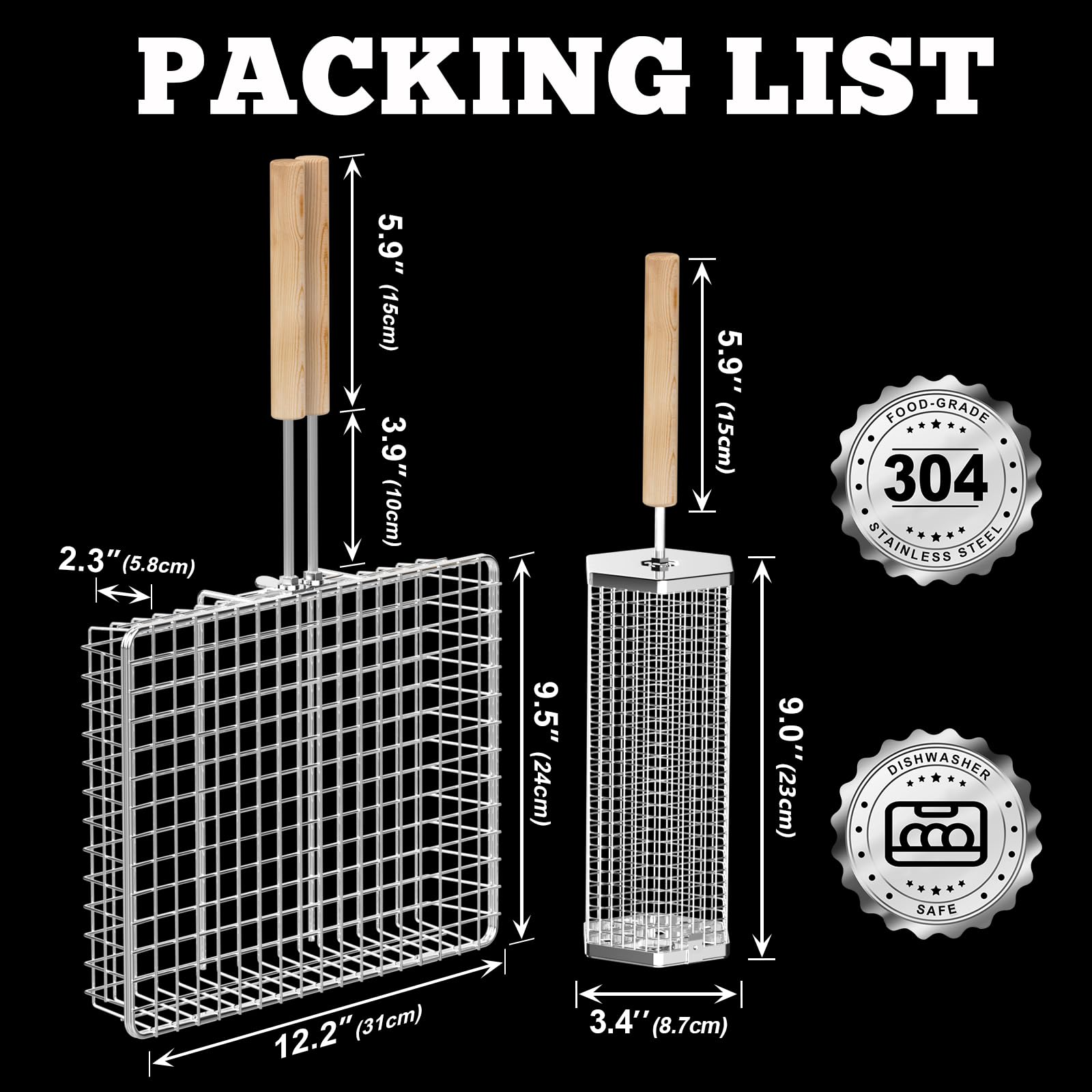 ivtivfu Grill Basket Set, Removable Wooden Handle, 304 Stainless Steel, Rolling BBQ Tools, Smoker Grilling Accessories for Vegetable Fish, Outdoor Cooking Camping, Birthday Gifts for Men Dad Husband