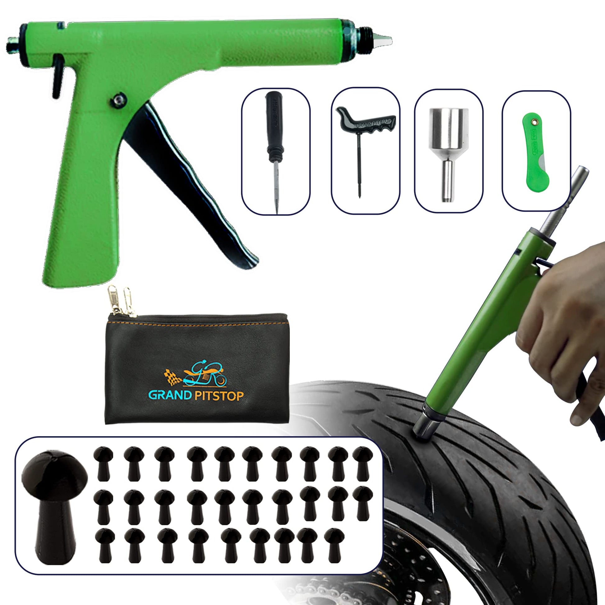 GRAND PITSTOP Tubeless Tire Gun Puncture Repair Kit with Mushroom Plug for Tyre Punctures and Flats on Cars, Motorcycles, ATV, Trucks & Tractors (Gun Puncture kit 15 Plugs, Green)
