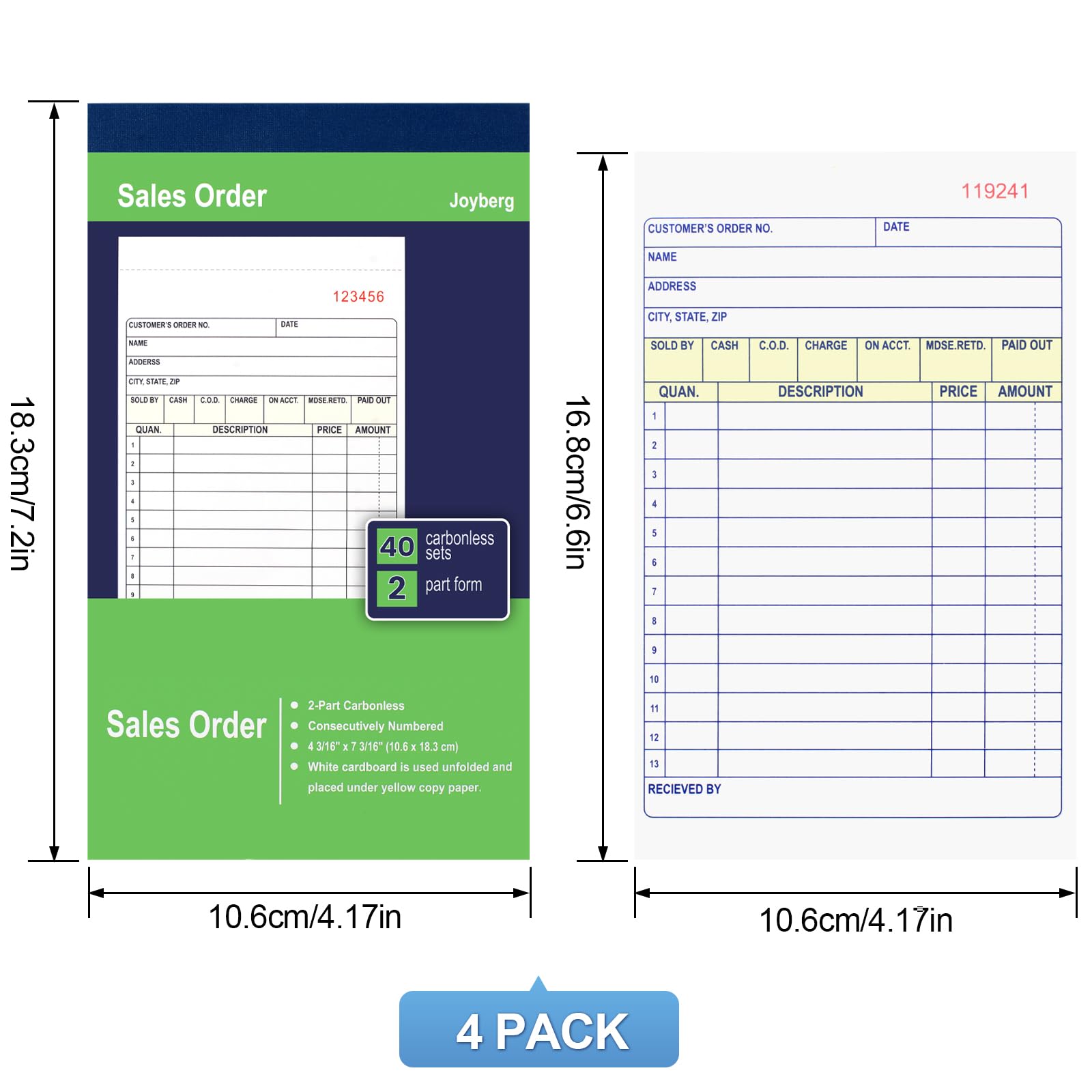 Joyberg 4 Pack Receipt Book, 4.17inx7.2in Receipt Book with Carbon Copies, 2-Part Carbonless(White and Yellow), 40 Sets Per Book, Order Book for Small Business