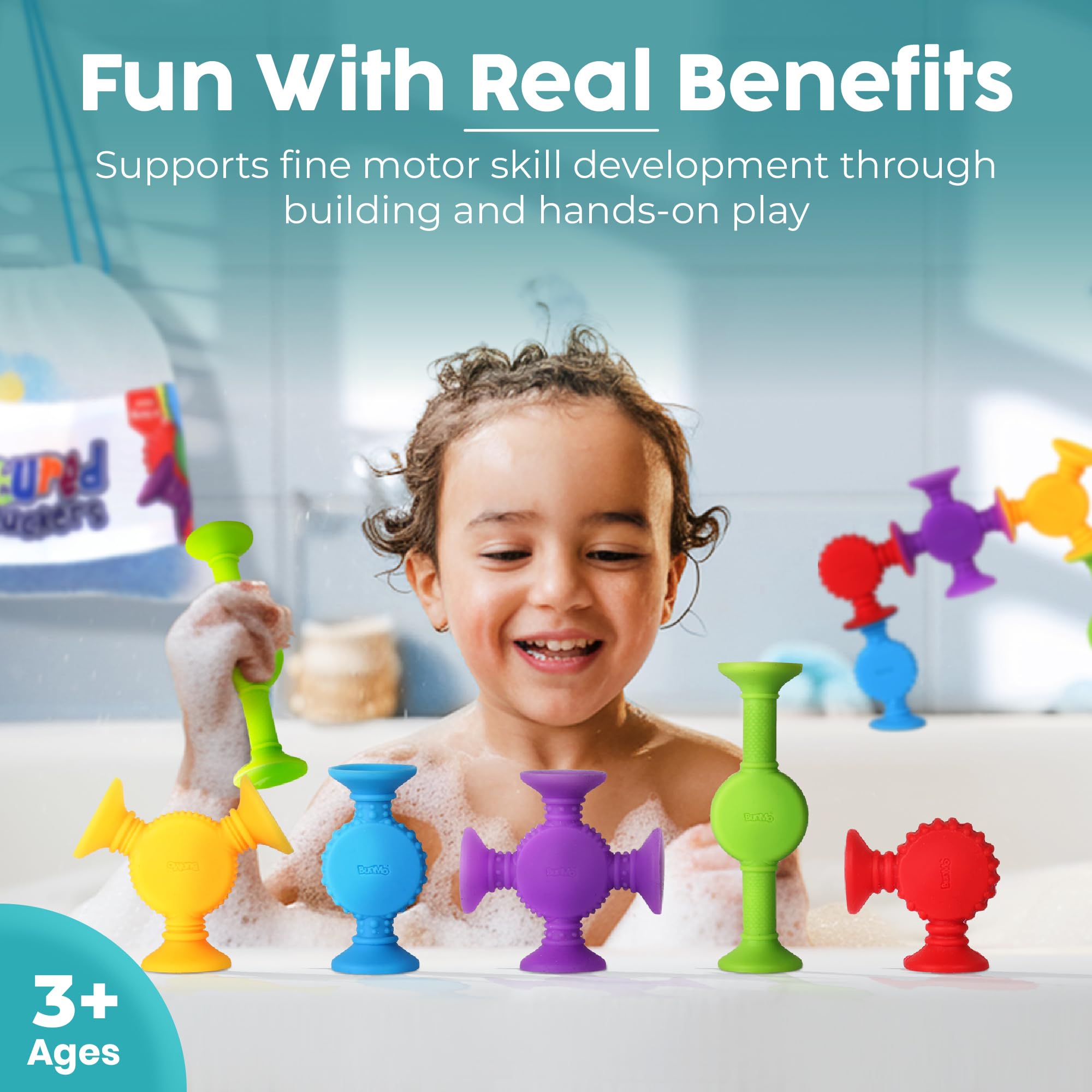 BUNMO Bath Toys Suction - Connect, Build, Create - Toddler Bath Toys - Hours of Fun & Creativity - Fine Motor Skills - Stimulating Sensory Toys - Non-Mouthable Toy 3+ - Textured 10 Pack