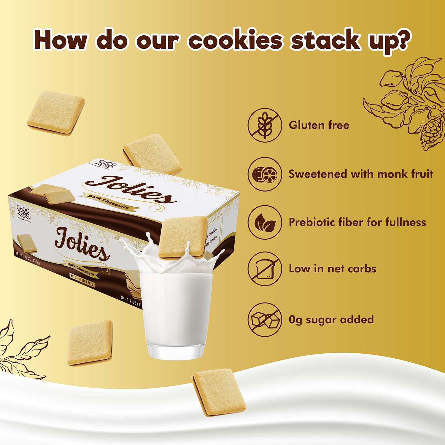 ChocZero Chocolate Cookies, Dark Chocolate Jolies, Gluten Free, No Added Sugar, 20 Crispy Chocolate Filled Keto Cookies Per Box, 8 Ounce (Pack of 1)