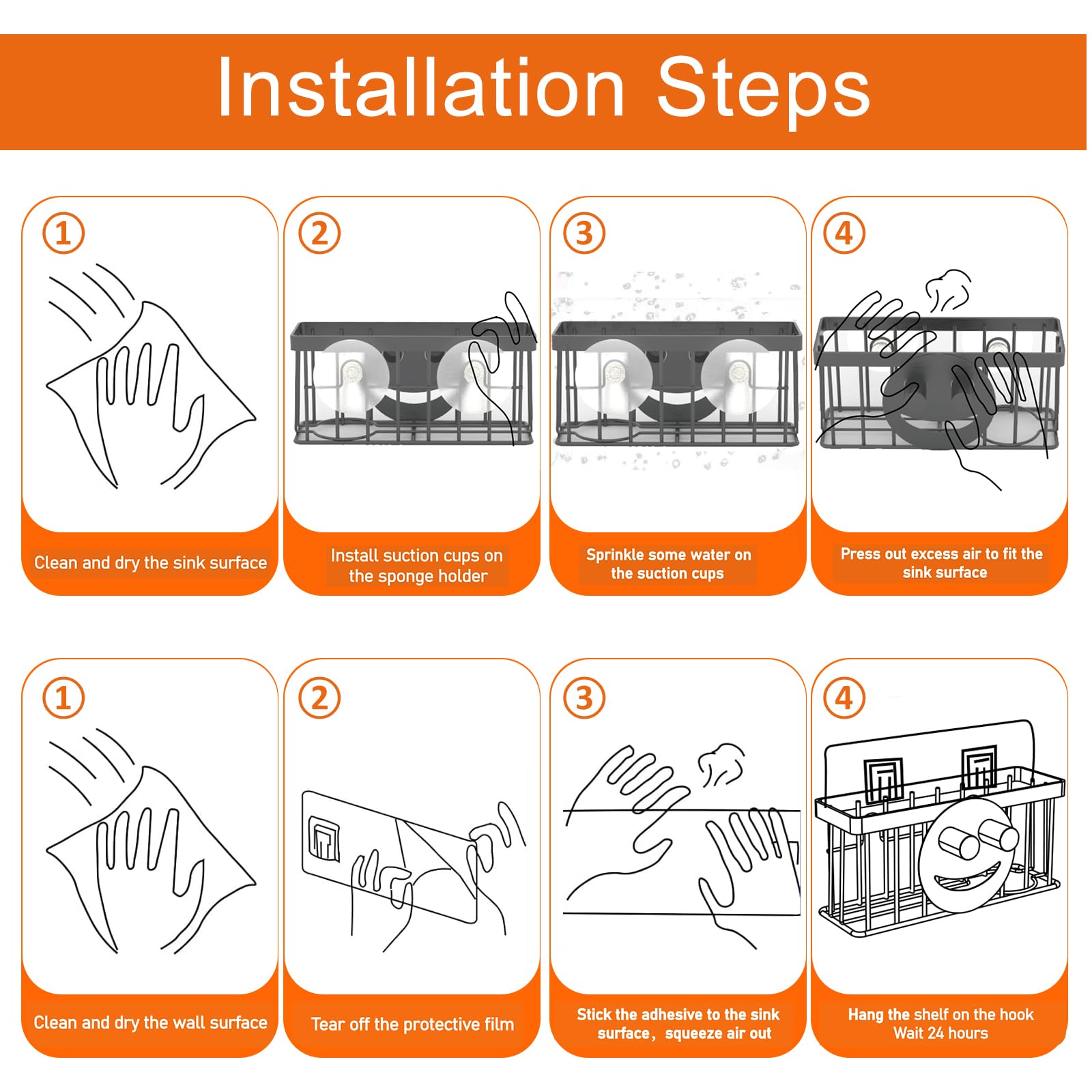 MURLONG Sponge Holder Smiley Face,Sink Caddy,Sink Organizer with 2 Suction Cups/1 Adhesive Strips,Designed for Sponge,Soap,Dish Brush,Scrubber - Black