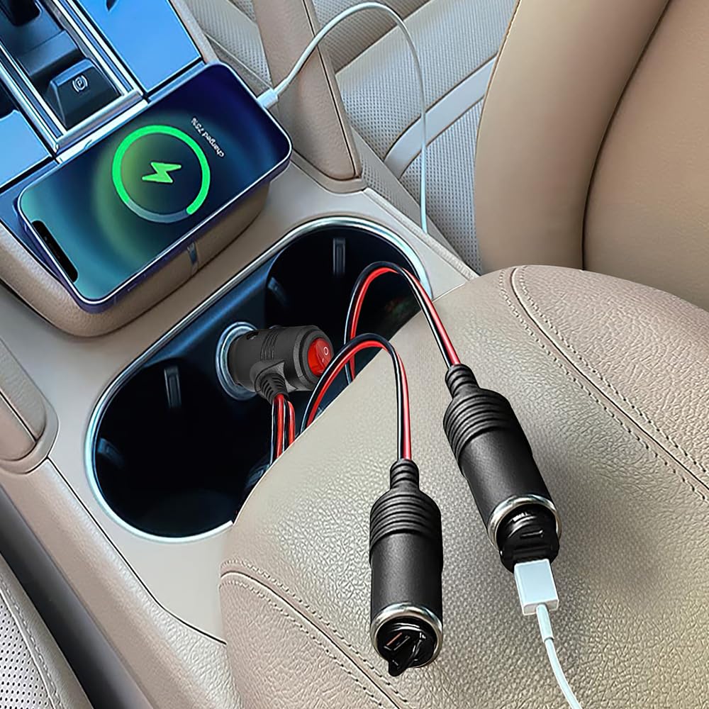 Car Cigarette Lighter Splitter, 12v Splitter Adapter for Car,Supports Fast Charging,1 to 2 Car Cigarette Lighter Splitter Power Charger Port, for 12/24 Volt Cars Vehicle,with on Off Switch
