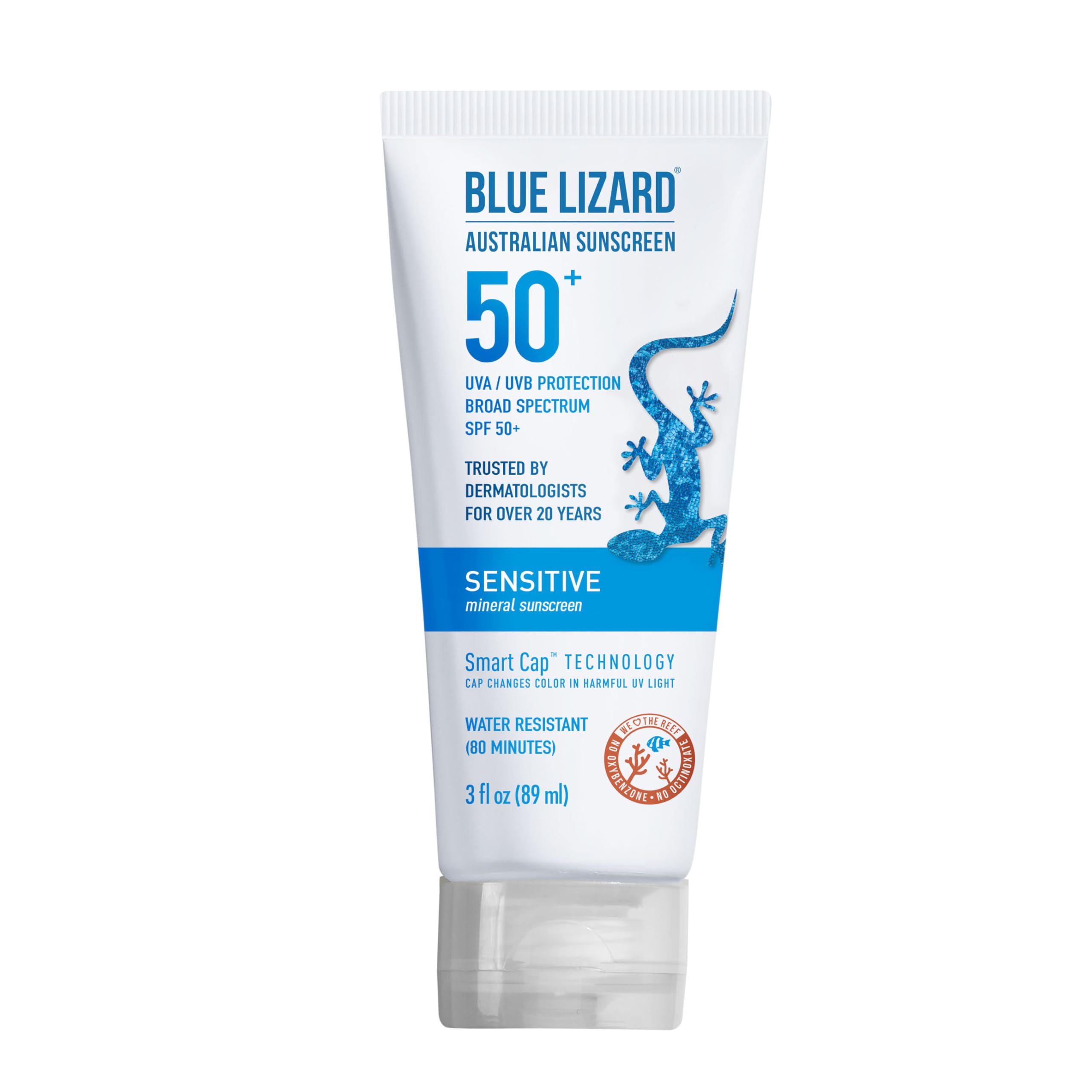 Blue Lizard SENSITIVE Mineral Sunscreen with Zinc Oxide, SPF 50+, Water Resistant, UVA/UVB Protection with Smart Cap Technology - Fragrance Free, 3 oz. Tube