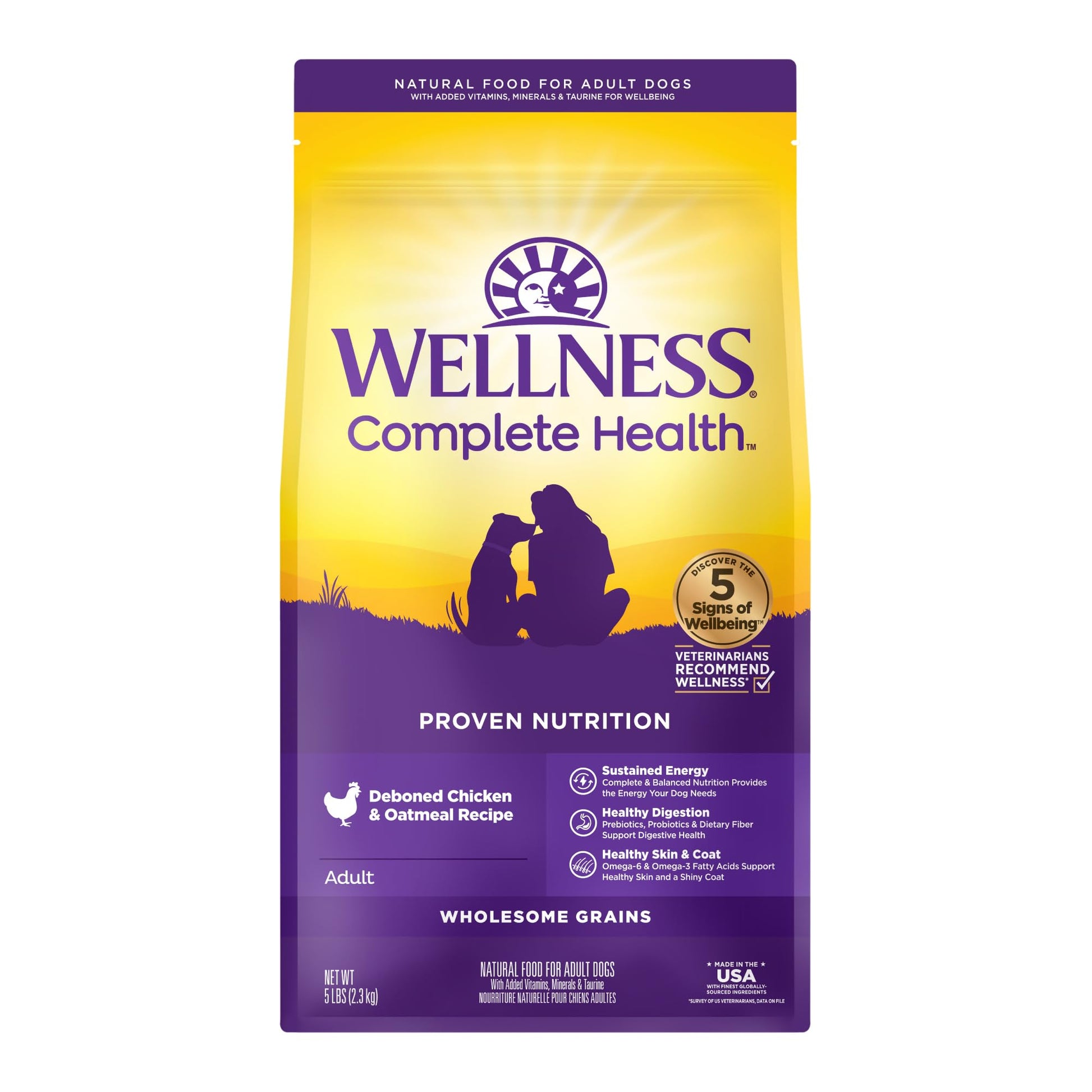 Wellness Complete Health Dry Dog Food with Grains, Natural Ingredients, Made in USA with Real Meat, All Breeds, For Adult Dogs (Chicken & Oatmeal, 15-Pound Bag)