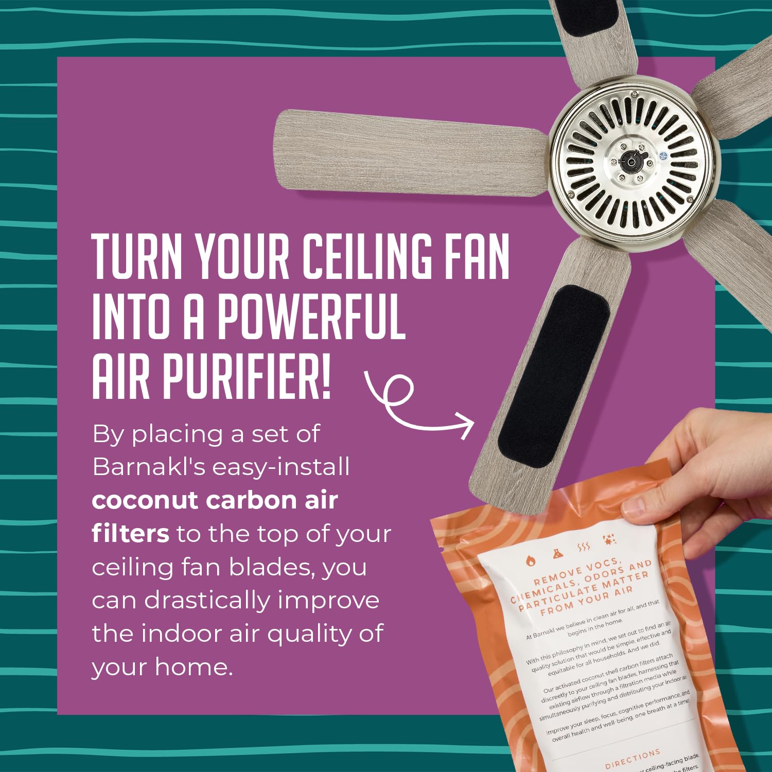 Barnakl Ceiling Fan Filters | Activated Coconut Shell Carbon Ceiling Fan Blade Filters for Common Household Contaminants | Easy-Stick Universal Fit, Unscented (5-Count)