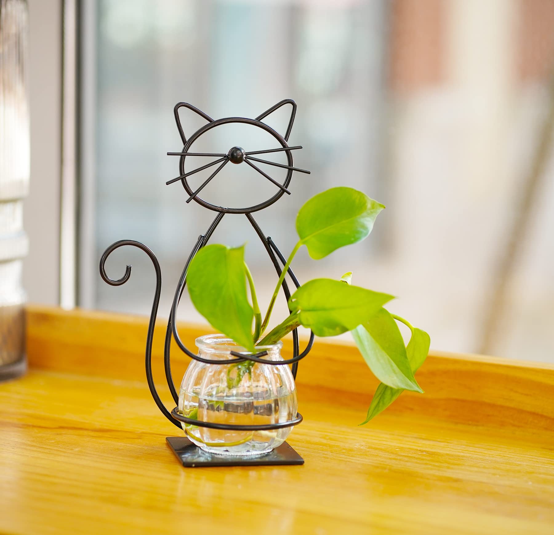 Joyathome Desktop Glass Planter Vase Holder, Metal Cat Plant Terrarium Stand for Plants Creative Decorations for Home Patio Lawn Garden