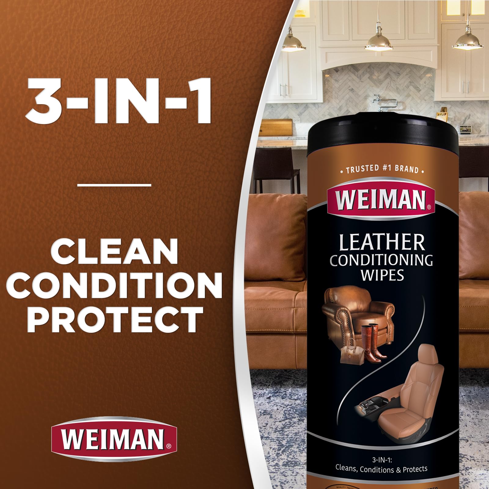 Weiman Leather Cleaner Wipes - Clean Condition UV Protection Help Prevent Cracking or Fading of Furniture, Car Interior, Couch, and Shoes, 2 Pack with Microfiber Cloth
