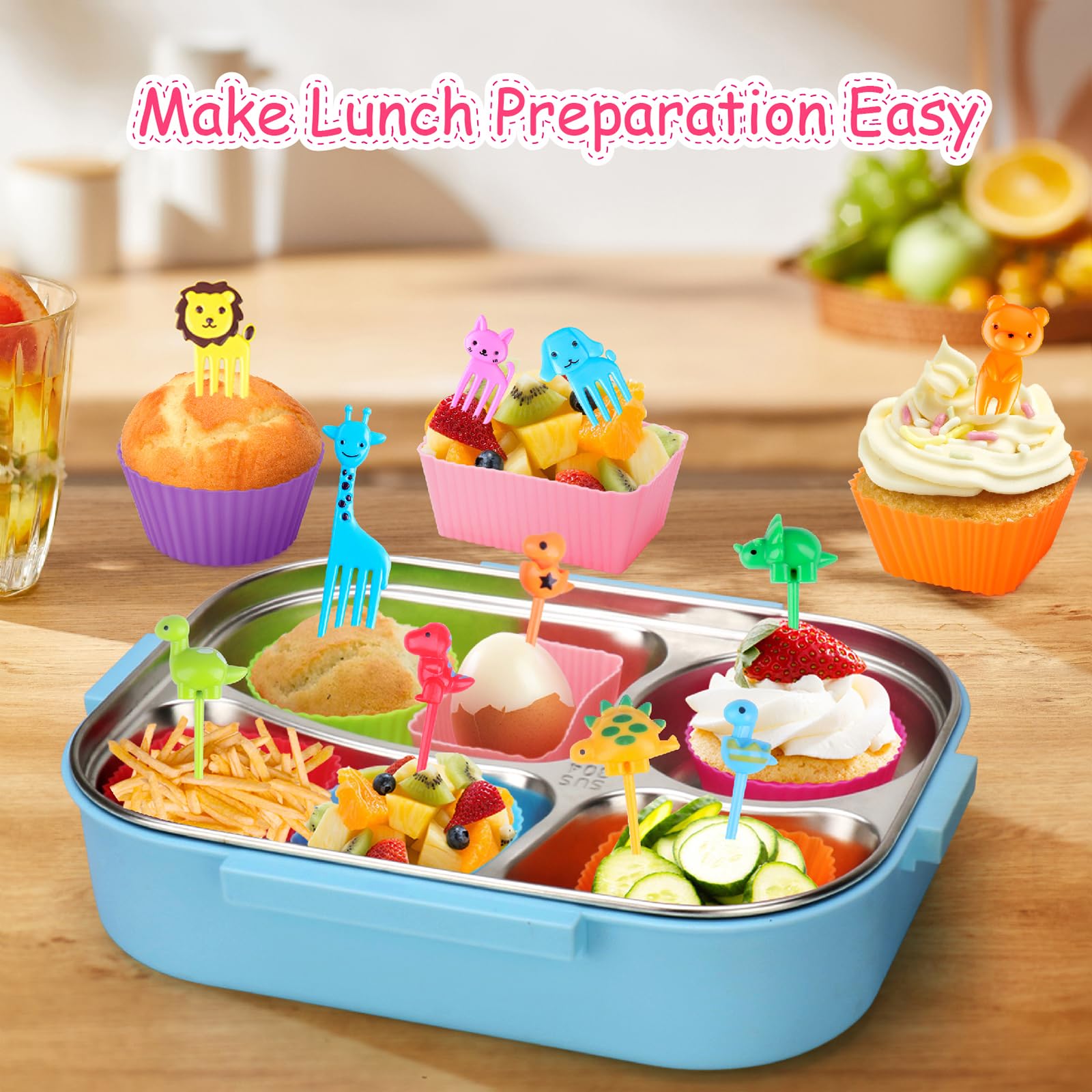 100PCS Silicone Lunch Box Dividers for Kids Lunch Accessories Set, Including 24 Reusable Silicone Cupcake Liners Baking Muffin Cups with 76 Animal Food Picks for Kids, Lunchbox Bento Box Accessories