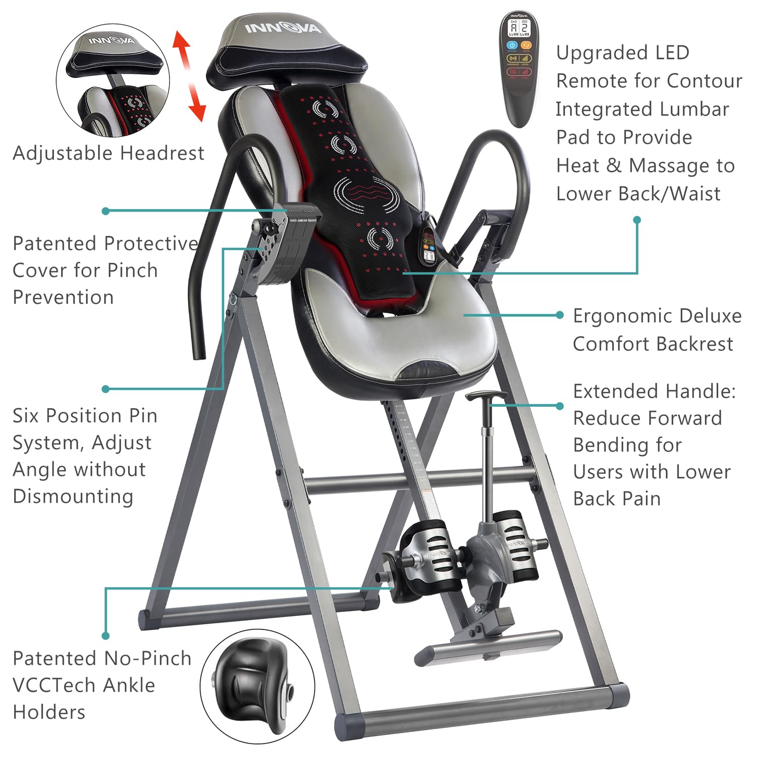 INNOVA HEALTH AND FITNESS ITM5900 Advanced Heat and Massage Inversion Table, Gray/Black