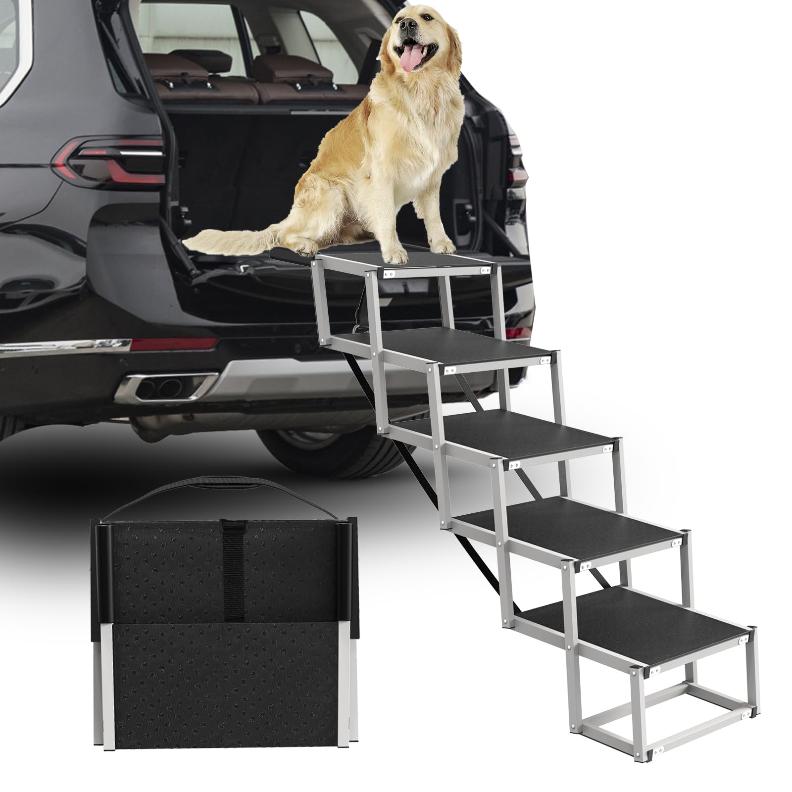 Deergym Dog Stairs for Large Dogs - 5 Step Foldable Dog Ramp for Car Non-Slip Surface Support up to 230lbs - Suitable for SUV,Truck, Sofas, Bed