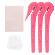 THE PONY PICK Hair Elastic Rubber Bands Cutter Tool Easy To Use, Pain Free, No Hair Damage Ponytail Cutter Tool for Kids & Toddlers (3 Packs of Pony Pick & 50 Clear Hair Elastics)