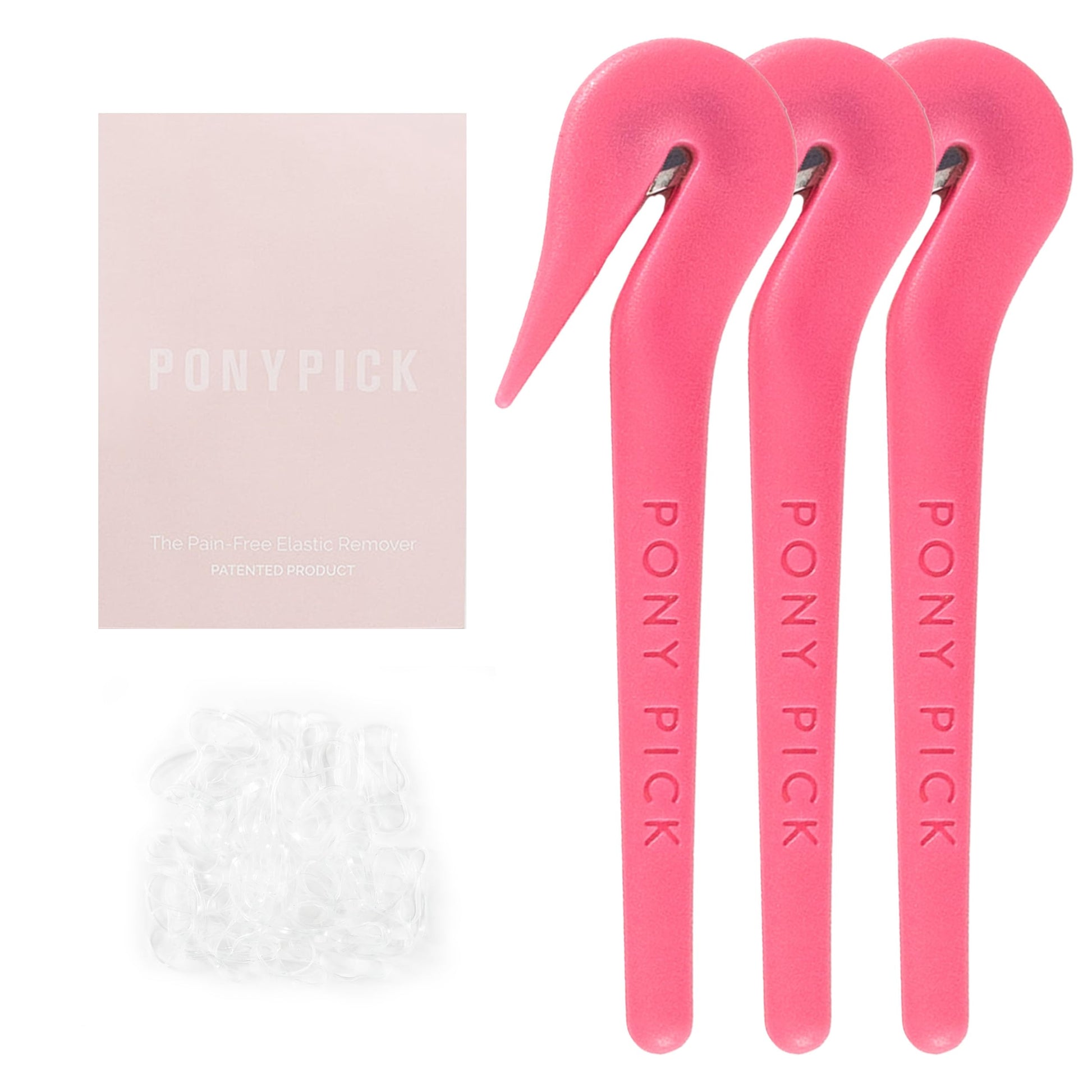 THE PONY PICK Hair Elastic Rubber Bands Cutter Tool Easy To Use, Pain Free, No Hair Damage Ponytail Cutter Tool for Kids & Toddlers (3 Packs of Pony Pick & 50 Clear Hair Elastics)