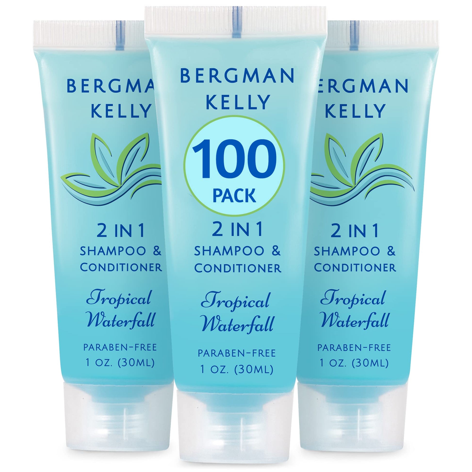 Bergman Kelly - Travel Size 2 in 1 Shampoo & Conditioner - 1 fl oz, 100 PK, Tropical Waterfall - Delight Your Guests w/Invigorating & Refreshing Shampoo Amenities - Small Hotel Toiletries in Bulk