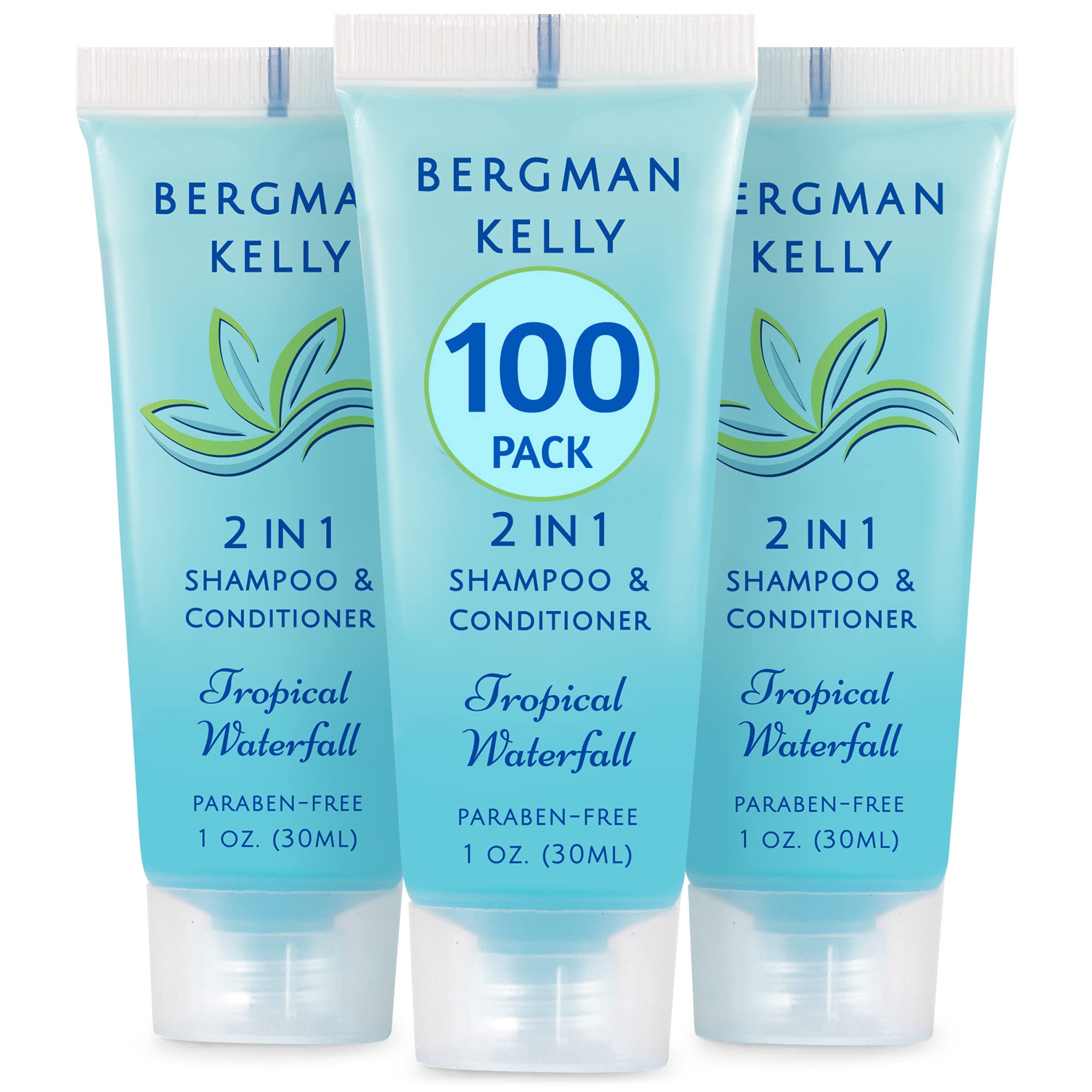 Bergman Kelly - Travel Size 2 in 1 Shampoo & Conditioner - 1 fl oz, 100 PK, Tropical Waterfall - Delight Your Guests w/Invigorating & Refreshing Shampoo Amenities - Small Hotel Toiletries in Bulk