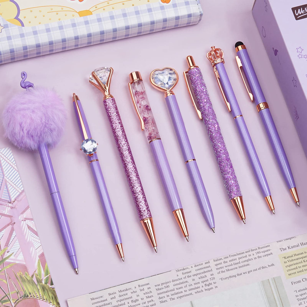 WEMATE 8Pcs Purple Pens, Metal Crystal Diamond Pen with Black & Blue Ink, Pens for Journaling, Office Supplies Fancy Pens for Women, Back to School Supplies for Girls Birthday (Purple)