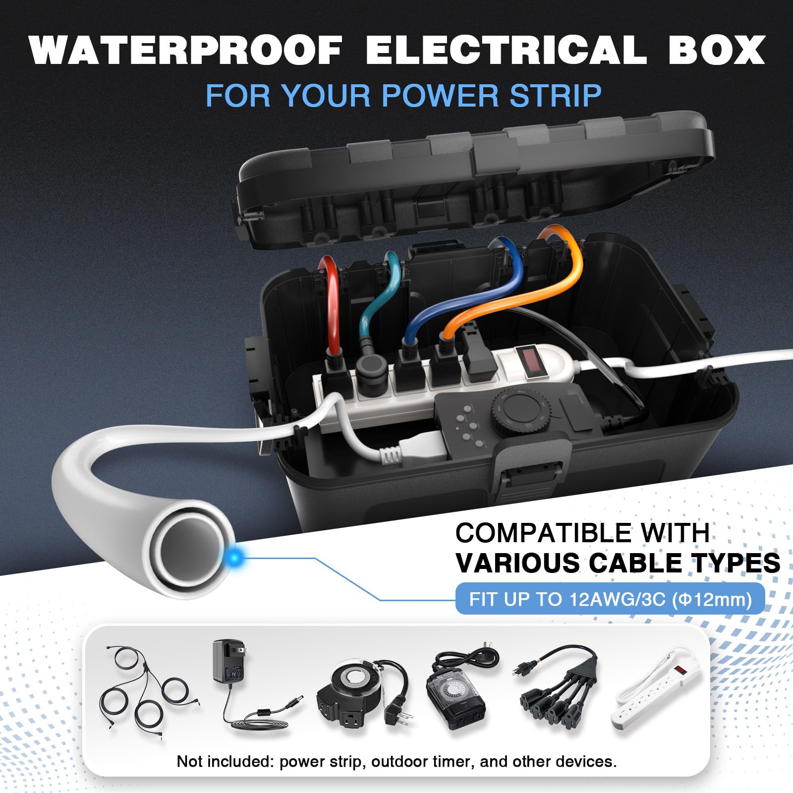 Flemoon Large Outdoor Electrical Box (12.5 x 8.5 x 5 inch), IP54 Waterproof Extension Cord Cover Weatherproof, Protect Outlet, Plug, Socket, Timer, Power Strip, Holiday Light Decoration, Black