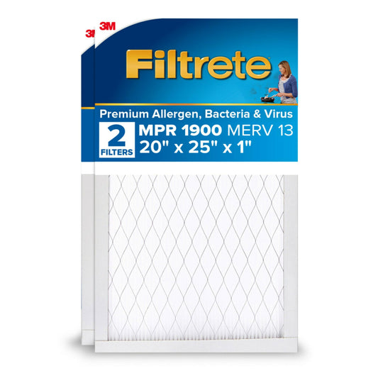 Filtrete 20x25x1 AC Furnace Air Filter, MERV 13, MPR 1900, Premium Allergen, Bacteria & Virus Filter, 3-Month Pleated 1-Inch Electrostatic Air Cleaning Filter, 2-Pack (Actual Size 19.69x24.69x0.78 in)