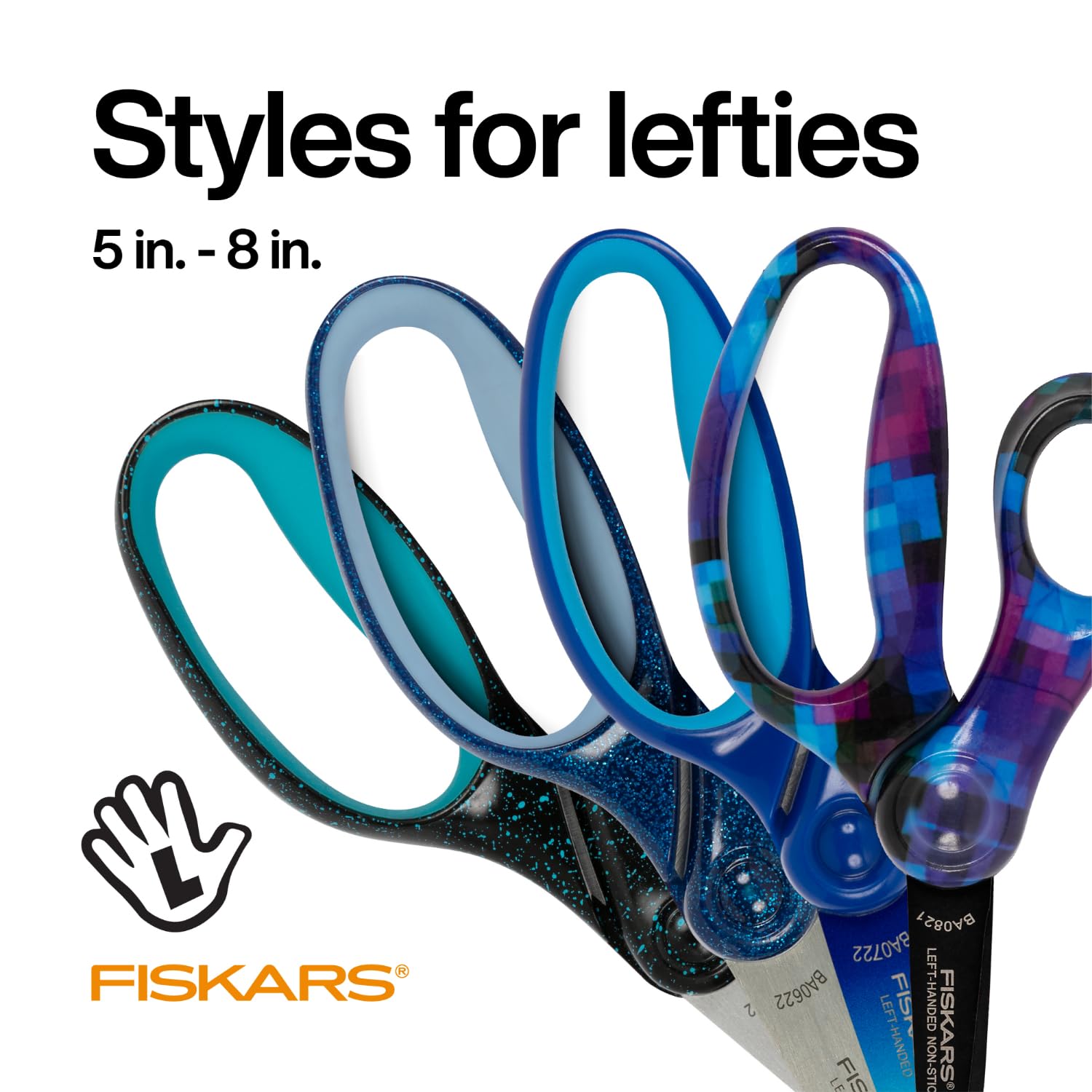 Fiskars 5" Softgrip Left-Handed Pointed-Tip Scissors for Kids Ages 4-7, Left-Handed Scissors for School or Crafting, Back to School Supplies, Blue Lightning