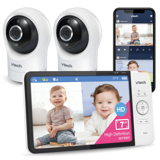 VTech RM7764-2HD 1080p Smart WiFi Remote Access 2Camera BabyMonitor, 360° Pan&Tilt, 10X Zoom, 7” 720p HD Display & NightVision, Soothing Sounds, 2-Way Talk, Temperature&Motion Detection, iOS&Android