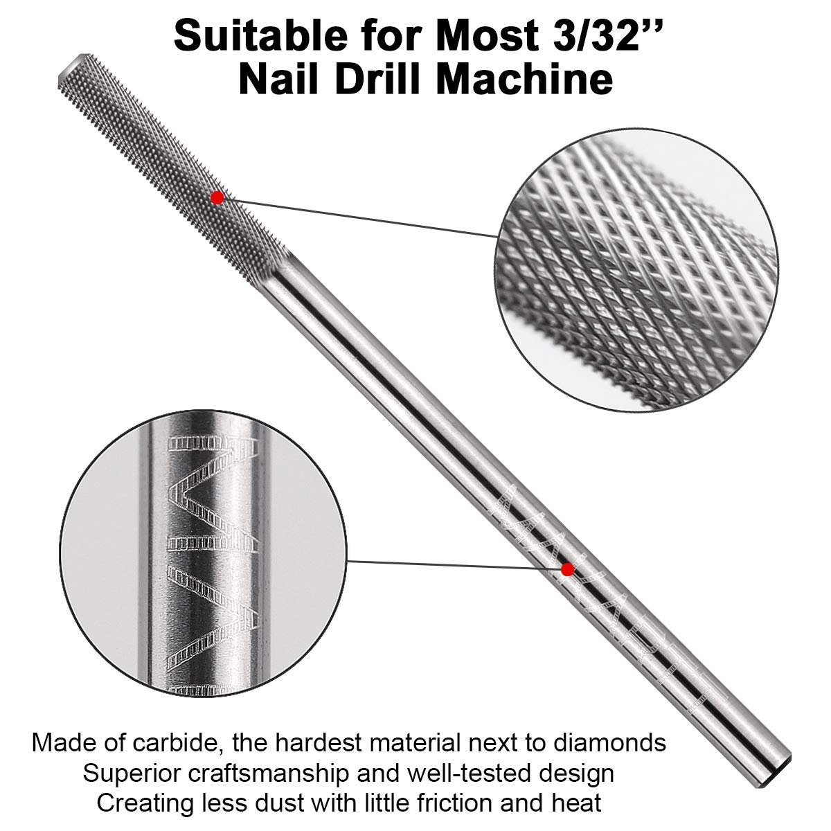 Makartt Cuticle Nail Drill Bit - Safety Tungsten Carbide Cuticle Remover Drill Bit Needle Bit Under Nail Cleaner Dead Skin Nail Prepare 3/32'' for Electric Nail File Nail Buffer Bit-3XF (Silver,Fine)