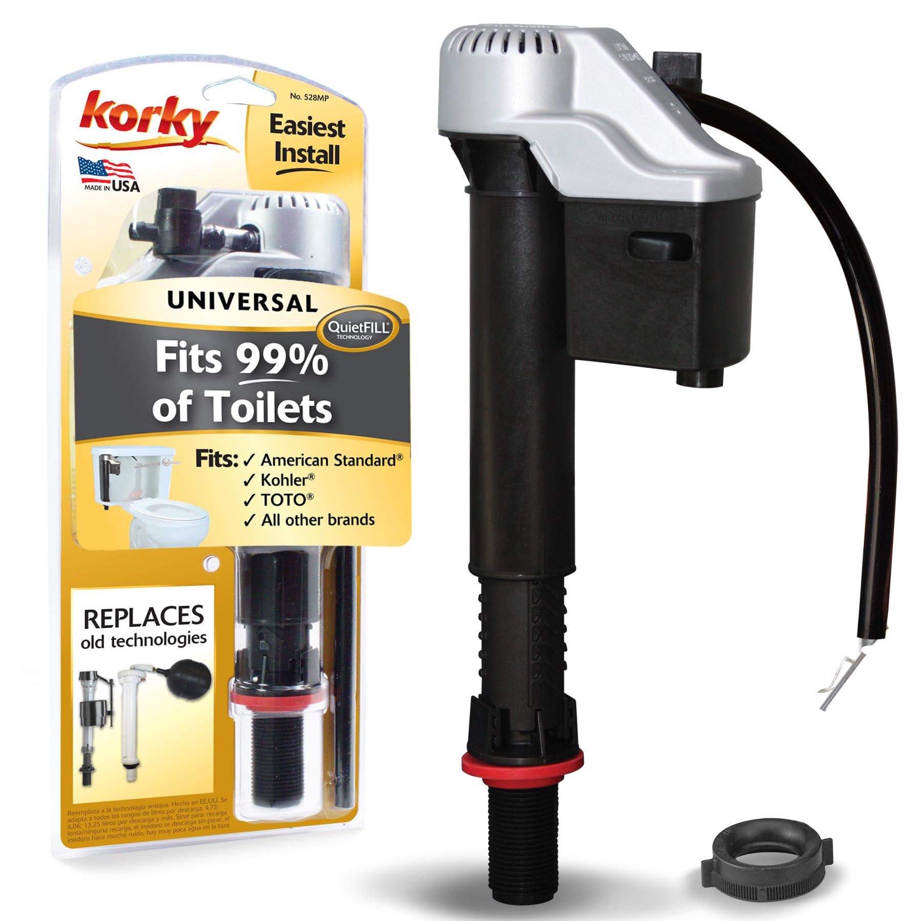 Korky QuietFILL Platinum Toilet Fill Valve - صمام تعبئة المرحاض كركي كوايت فيل بلاتينيوم - يناسب 99% من المراحيض عالميًا - سهولة تعديل الارتفاع لتركيب سريع، 528MP