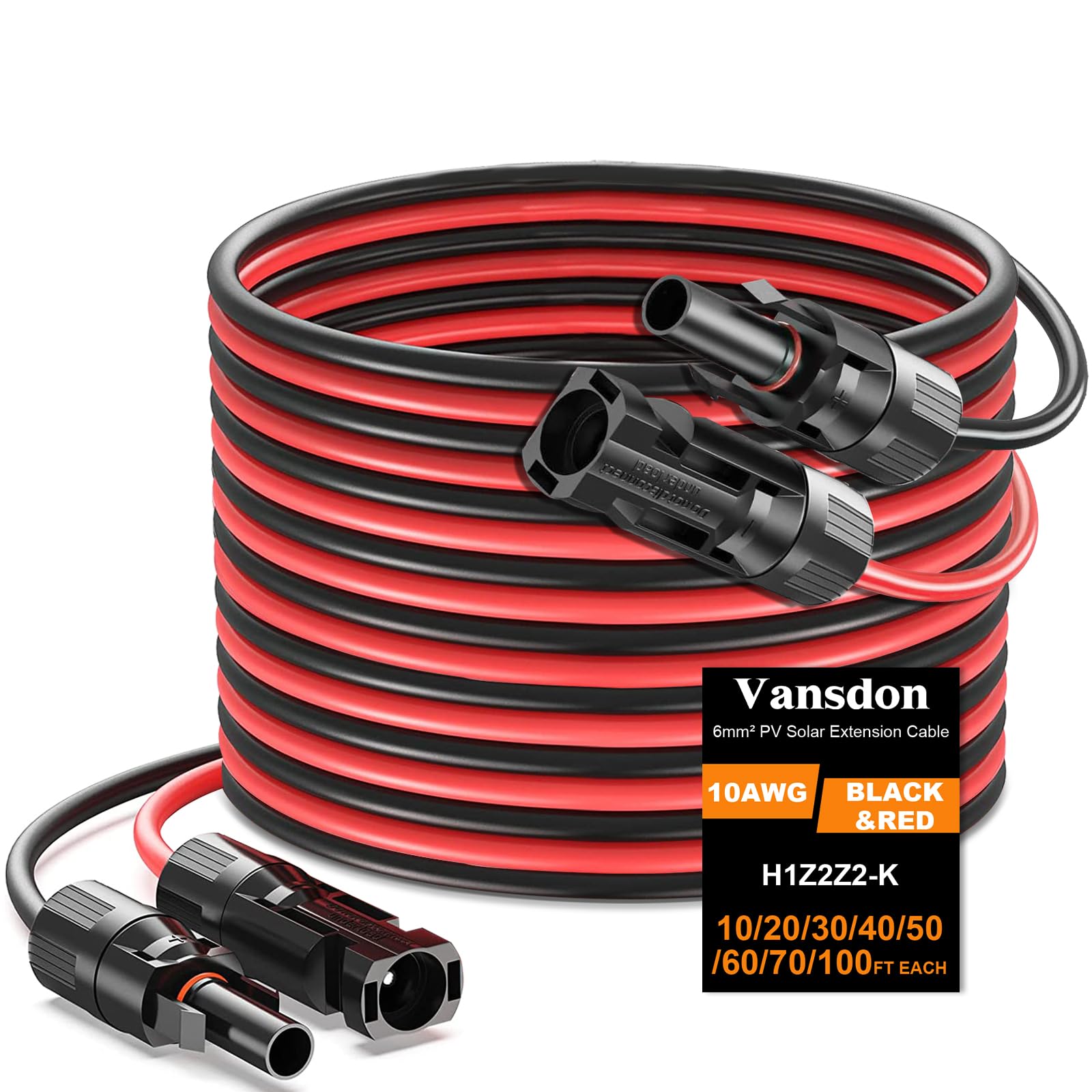 Vansdon 2x30 Feet Solar Panel Extension Cable, 10AWG Solar Cable, Solar Panel Cable with Female and Male Waterproof Connectors for RV, Photovoltaic Systems (30FT Red + 30FT Black)