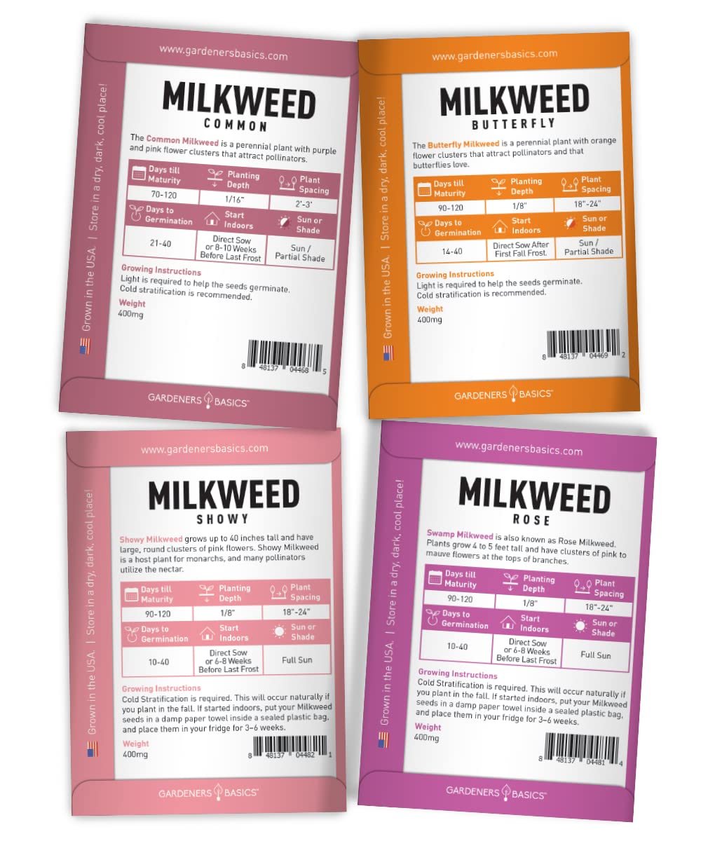 Gardeners Basics, Milkweed Seeds for Monarch Butterflies (4 Variety Pack) Common, Showy, Butterfly and Rose Varieties Attracts Butterflies, Bees and Pollinators Heirloom Flower Seeds Wildflower Seed