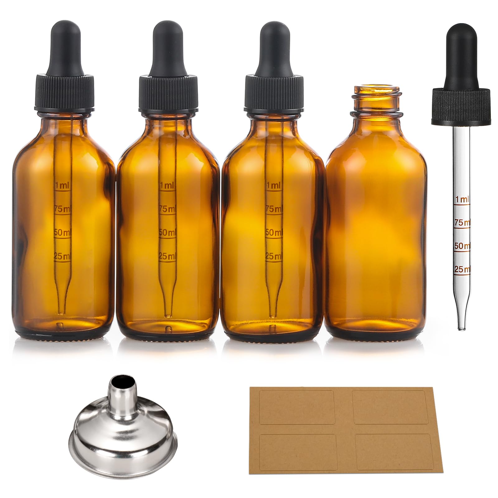 2 oz Dark Amber Glass Dropper Bottles with Measurement Dropper, 4 Pack- 60ml Thick Tincture Bottles with Measured Eye Dropper, Essential Oil Bottle with Dropper for Liquids - Leakproof Travel Bottles