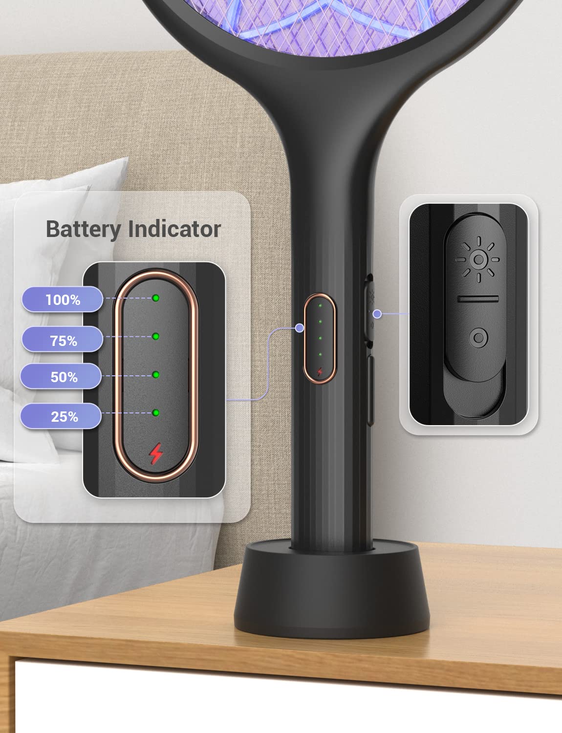 YISSVIC Electric Fly Swatter Bug Zapper Racket Dual Modes Mosquito Killer with Purple Mosquito Light Rechargeable for Indoor Home Office Backyard Patio Camping