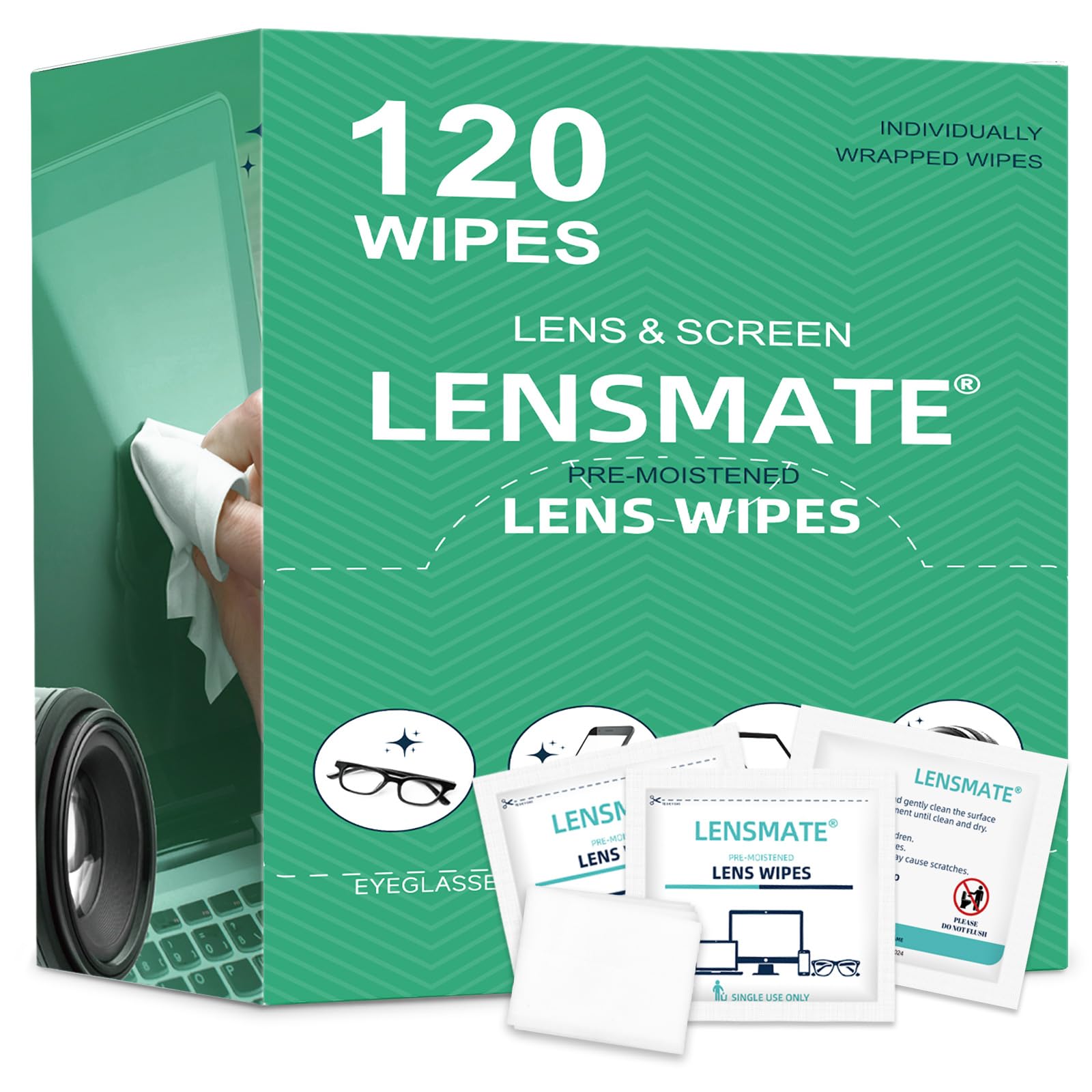 Lensmate 120 Count Lens Wipes for Eyeglasses, Pre-Moistened & Individually Wrapped Eyeglass Wipes, Lens Cleaning Wipes for Eyeglasses, Sunglasses, Goggles and Camera Lens