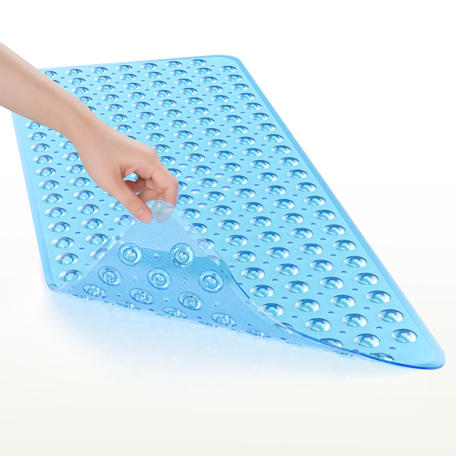 AmazerBath Shower Mat Non Slip 40 x 16 Inches, Bathtub Mat Shower Stall Mats with Suction Cups and Drain Holes, Non Slip Bath Mat for Tub for Elderly & Kids, Clear Blue